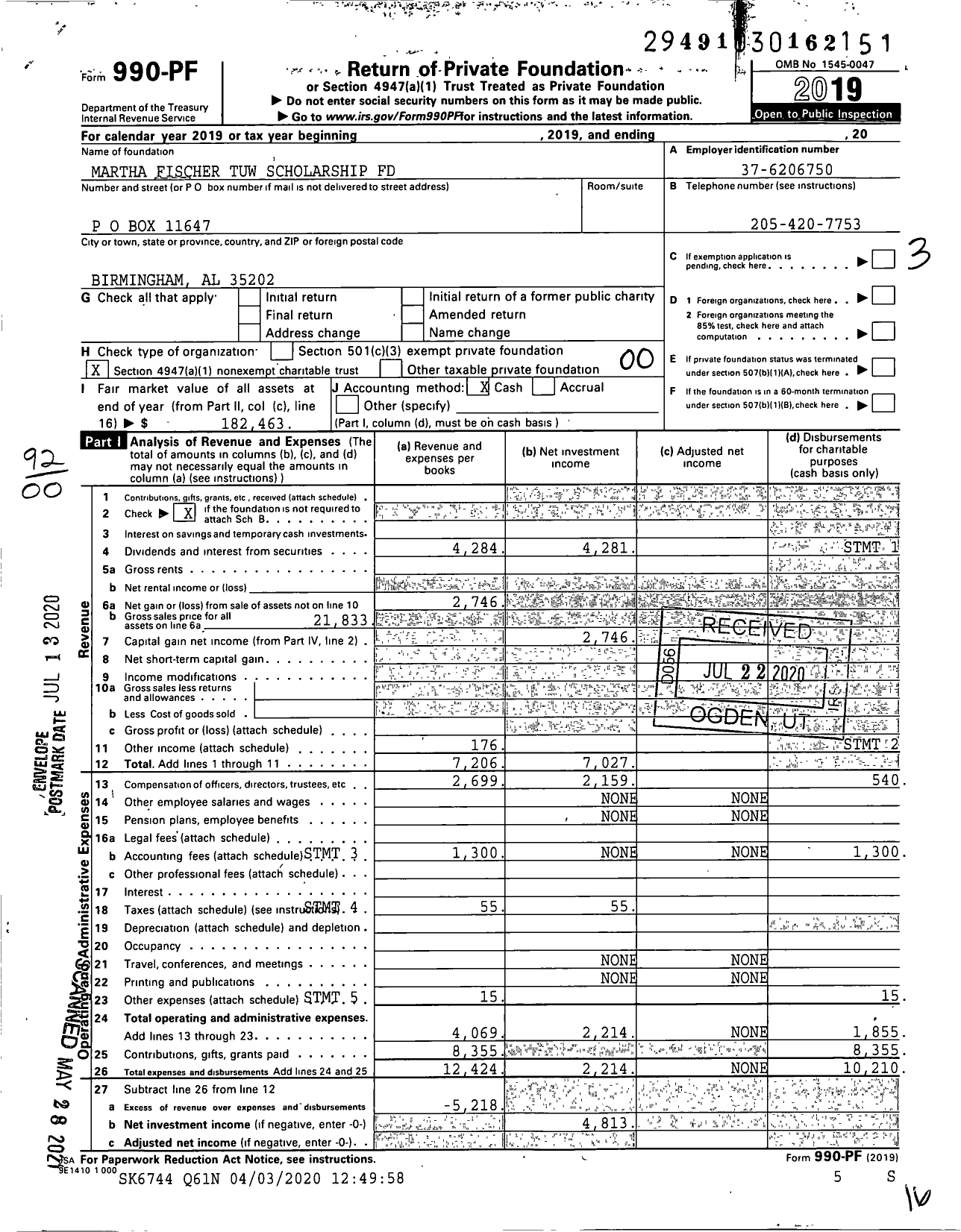 Image of first page of 2019 Form 990PF for Martha Fischer Tuw Scholarship Fund