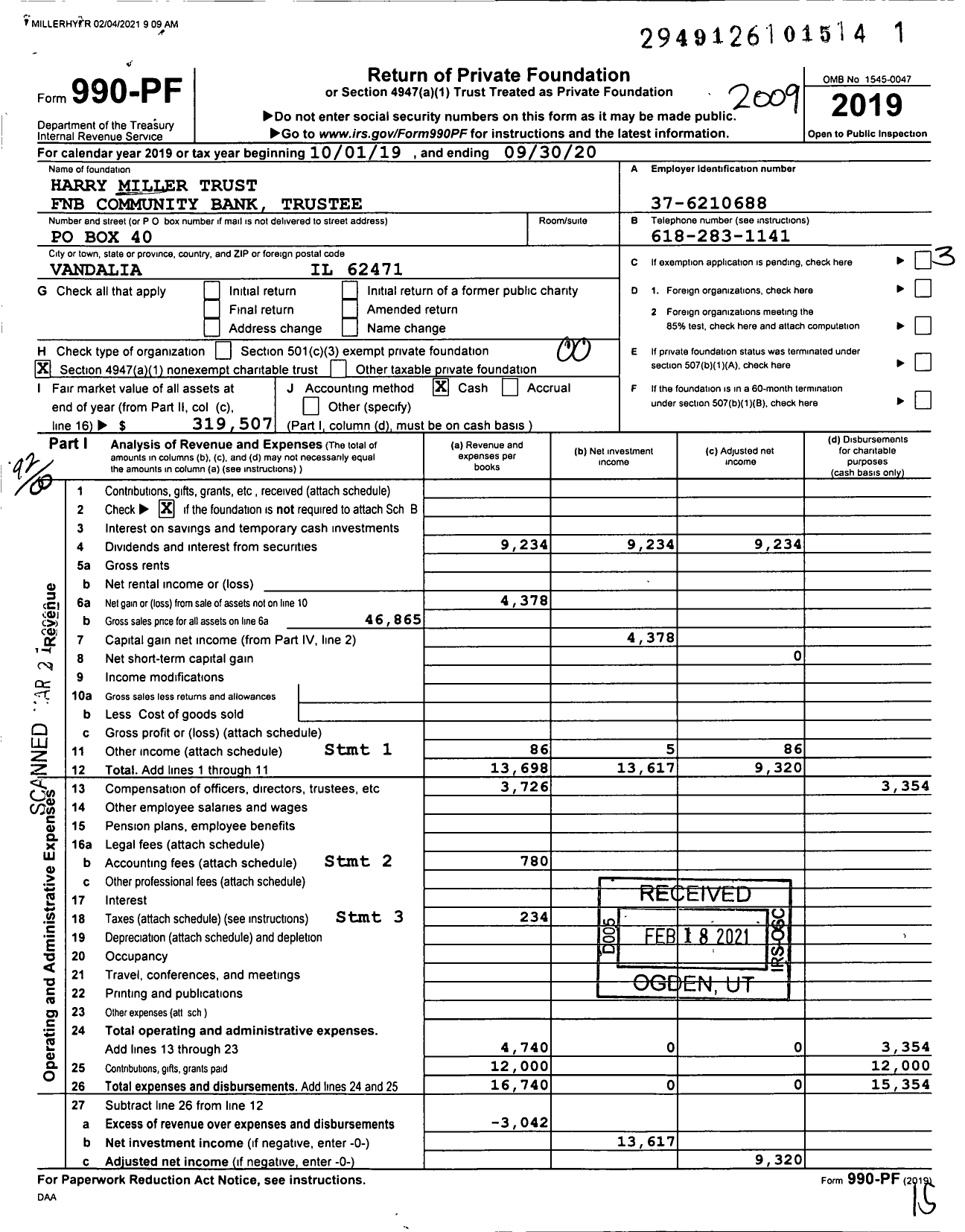 Image of first page of 2019 Form 990PF for Harry Miller Trust FNB Community Bank Trustee