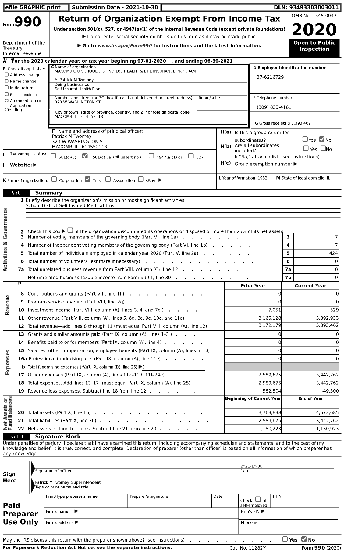 Image of first page of 2020 Form 990 for Self Insured Health Plan