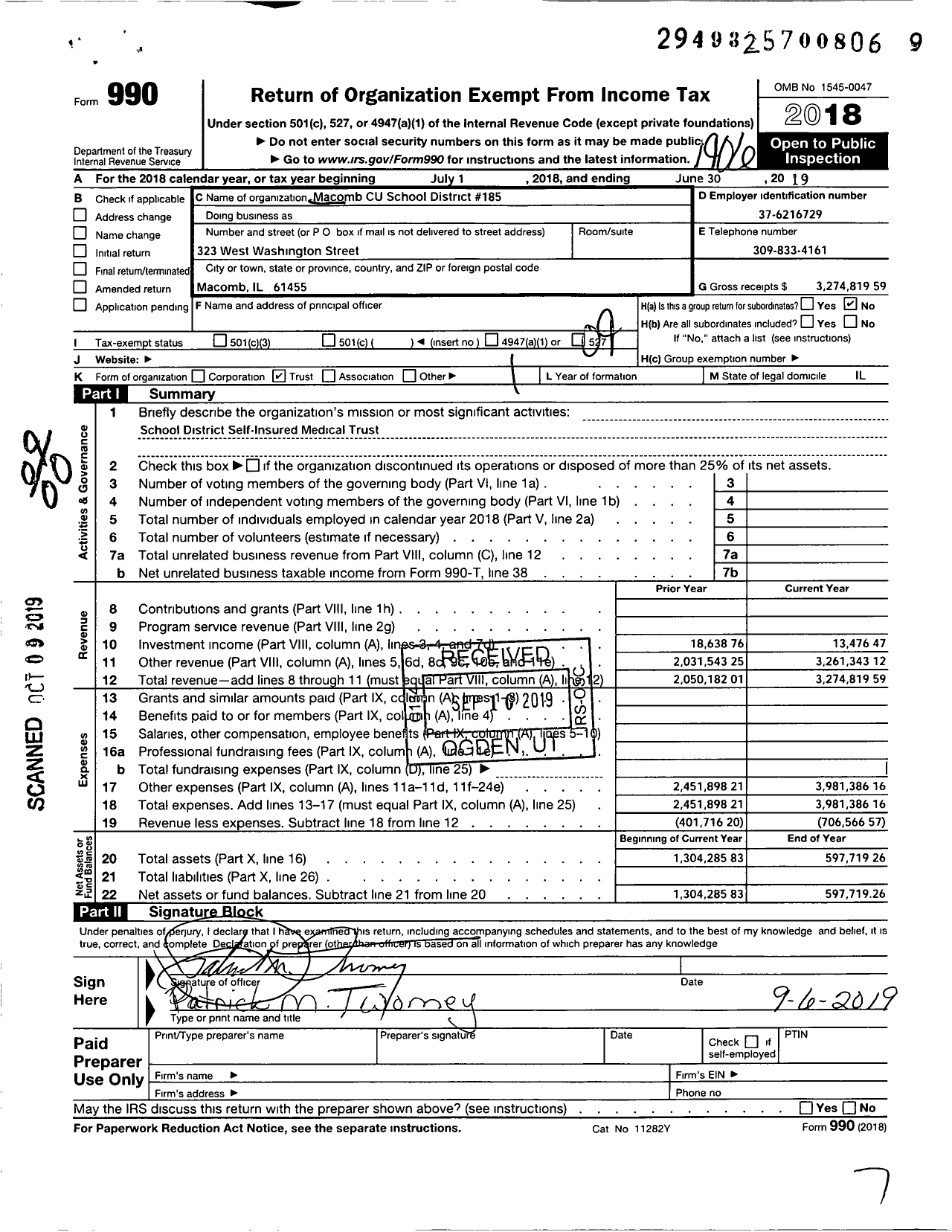 Image of first page of 2018 Form 990O for Self Insured Health Plan