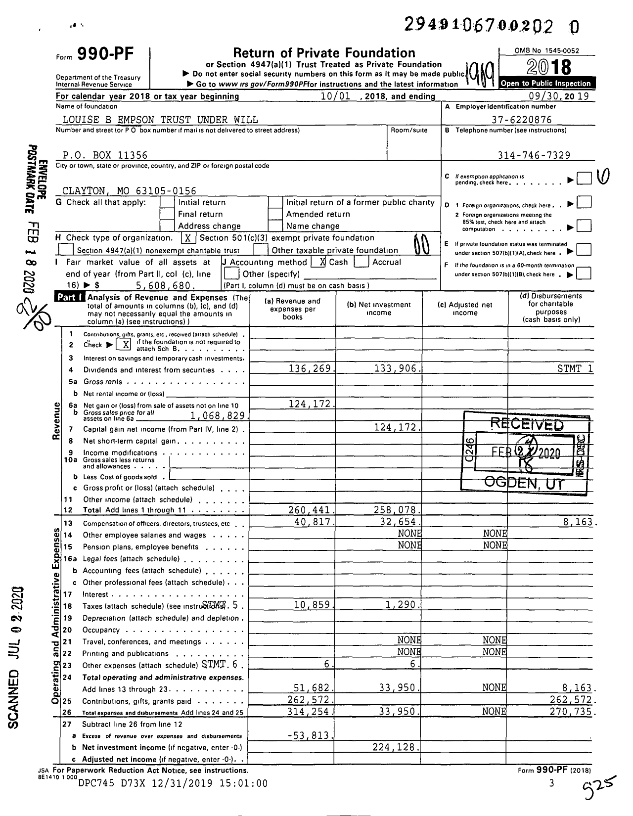 Image of first page of 2018 Form 990PR for Louise B Empson Trust Under Will