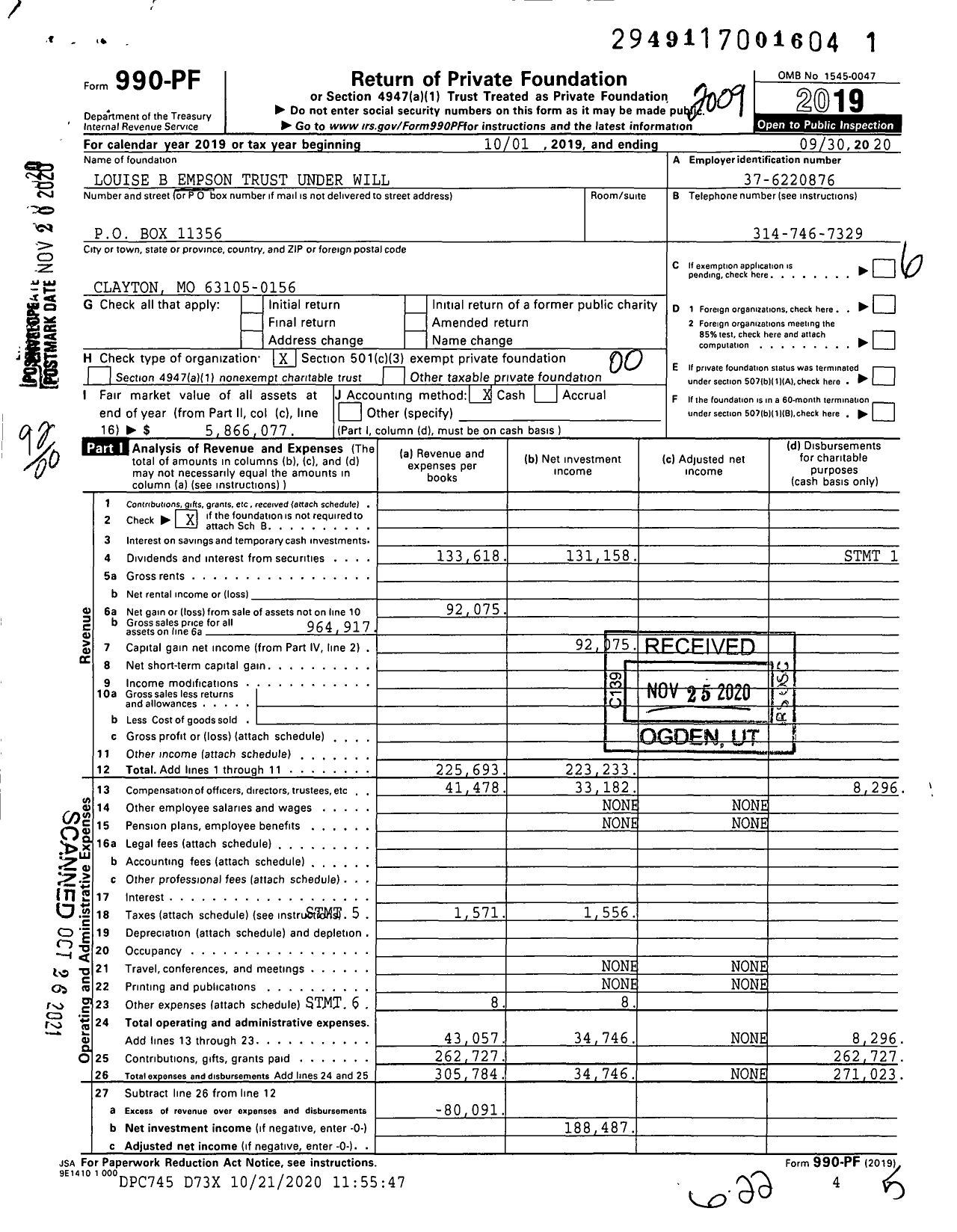 Image of first page of 2019 Form 990PF for Louise B Empson Trust Under Will