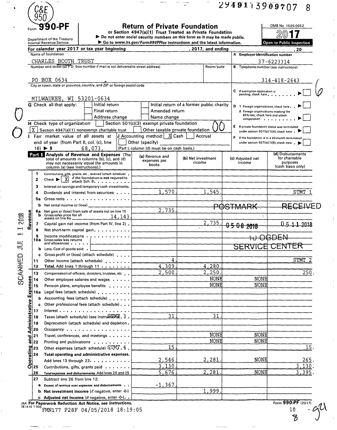 Image of first page of 2017 Form 990PF for Charles Booth Trust