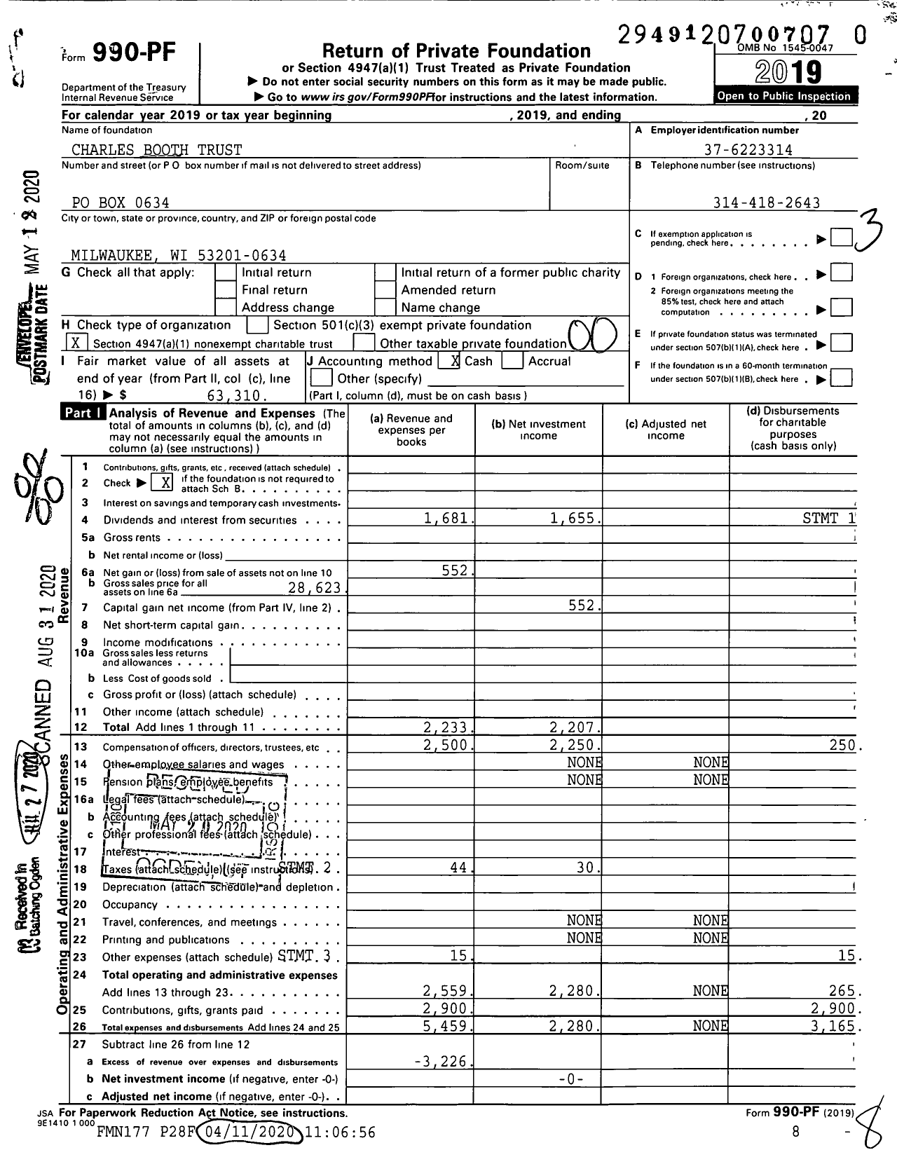 Image of first page of 2019 Form 990PR for Charles Booth Trust