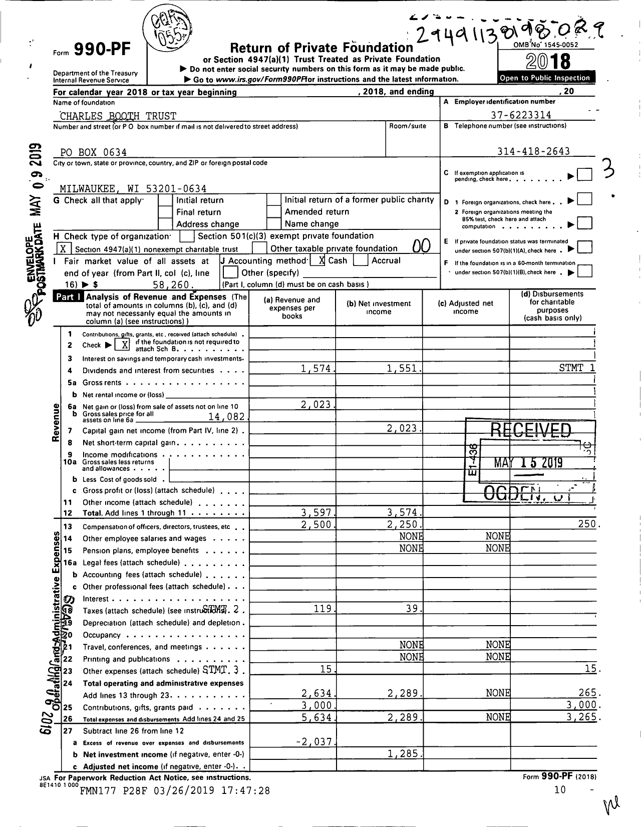 Image of first page of 2018 Form 990PF for Charles Booth Trust