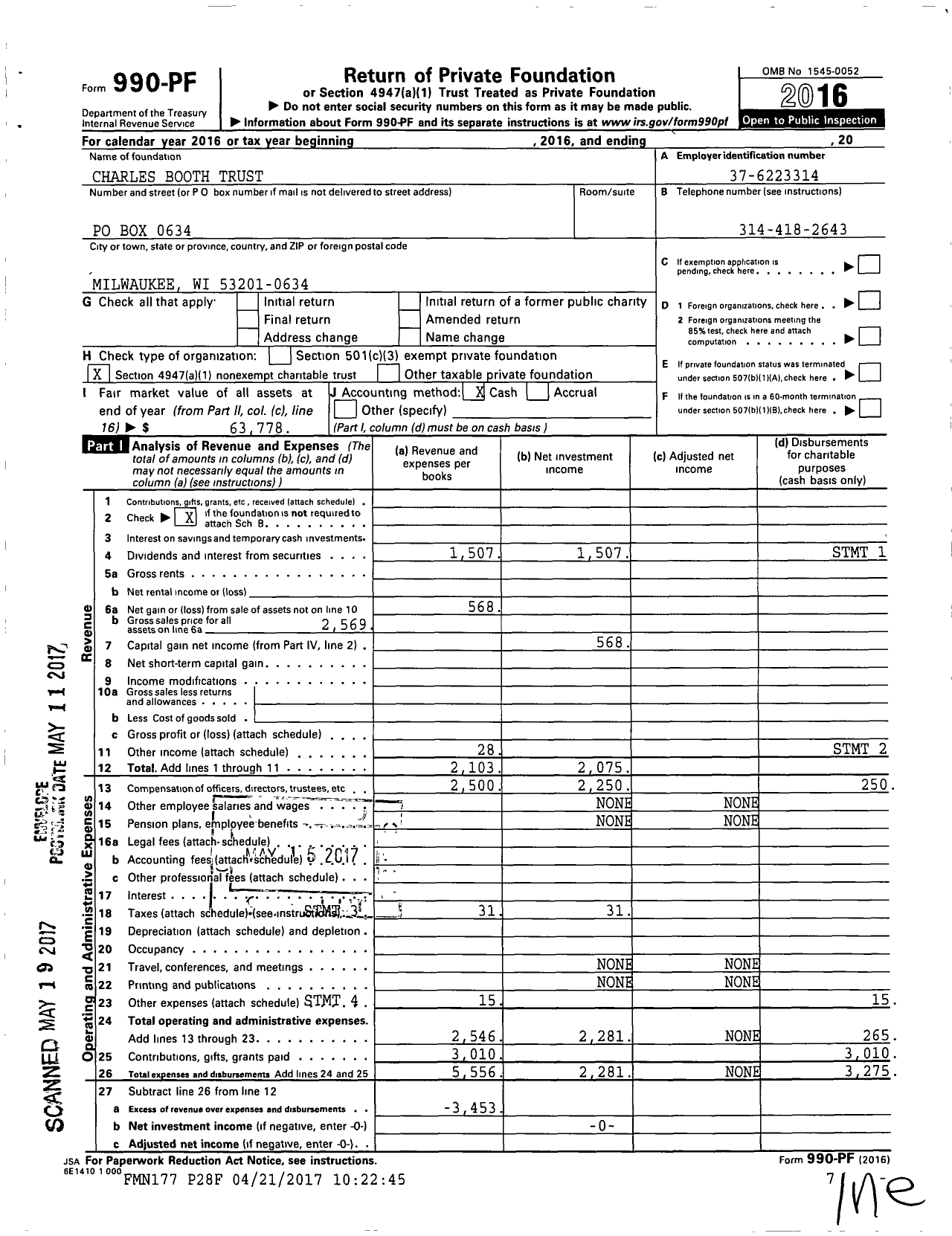 Image of first page of 2016 Form 990PF for Charles Booth Trust