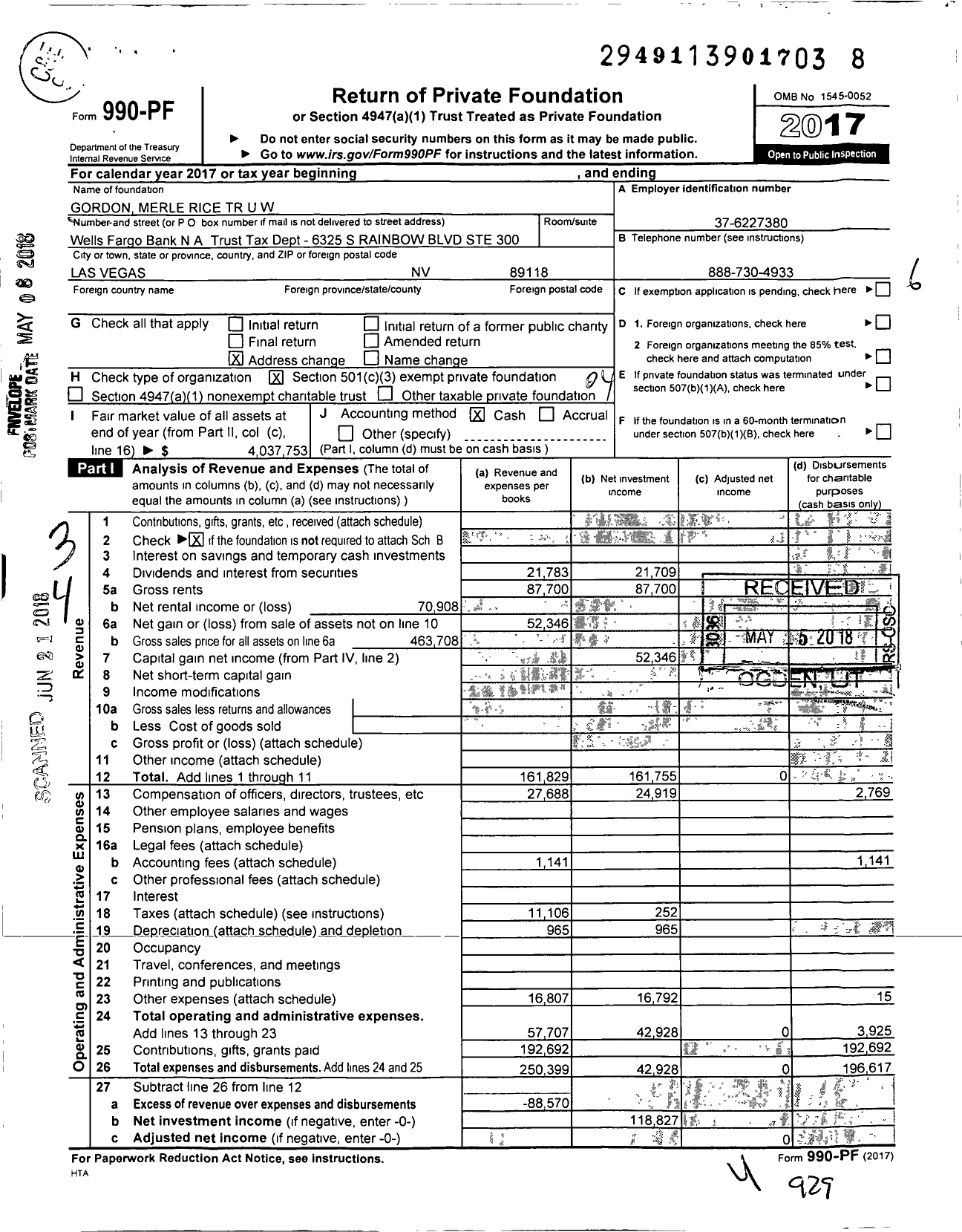 Image of first page of 2017 Form 990PF for Gordon Merle Rice TR Uw