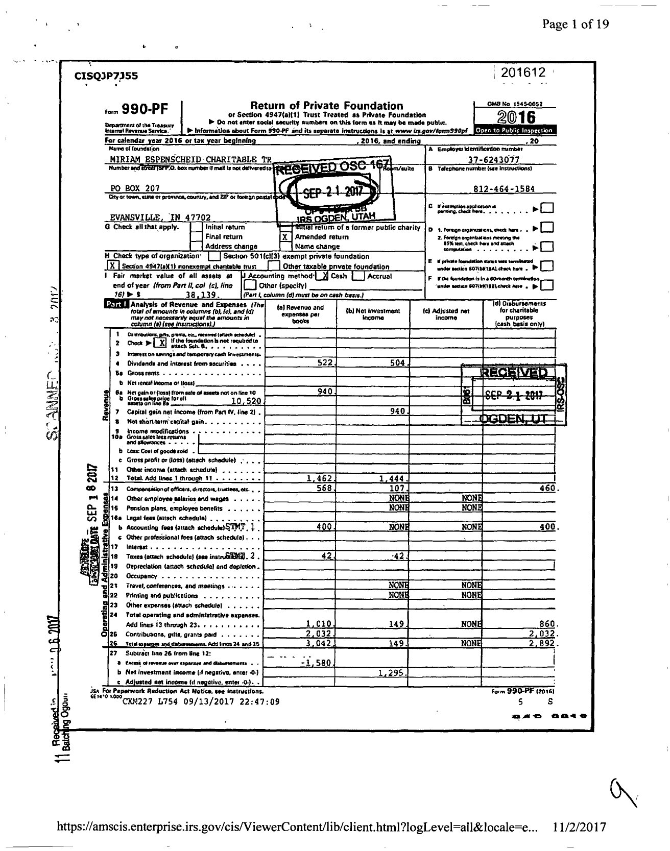 Image of first page of 2016 Form 990PF for Miriam Espenscheid Charitable TR XXX-XX-XXXX