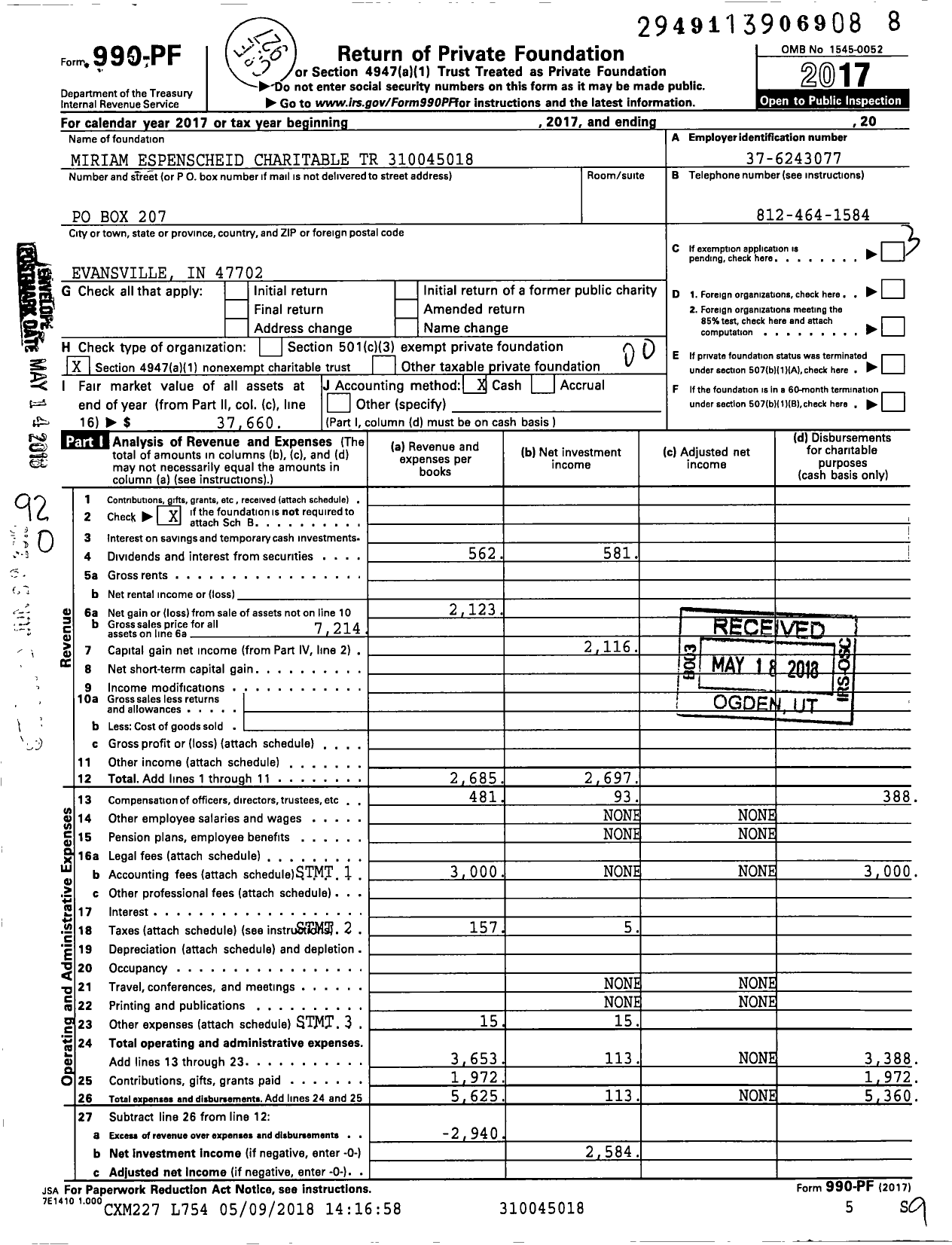 Image of first page of 2017 Form 990PF for Miriam Espenscheid Charitable TR XXX-XX-XXXX