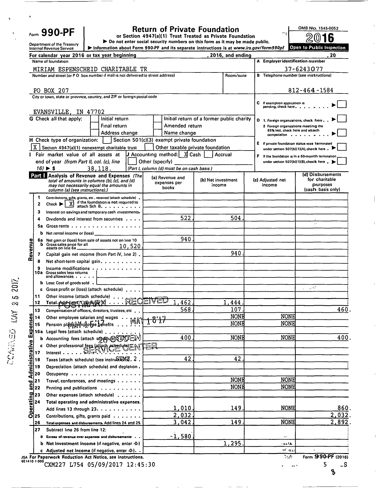 Image of first page of 2016 Form 990PF for Miriam Espenscheid Charitable TR XXX-XX-XXXX