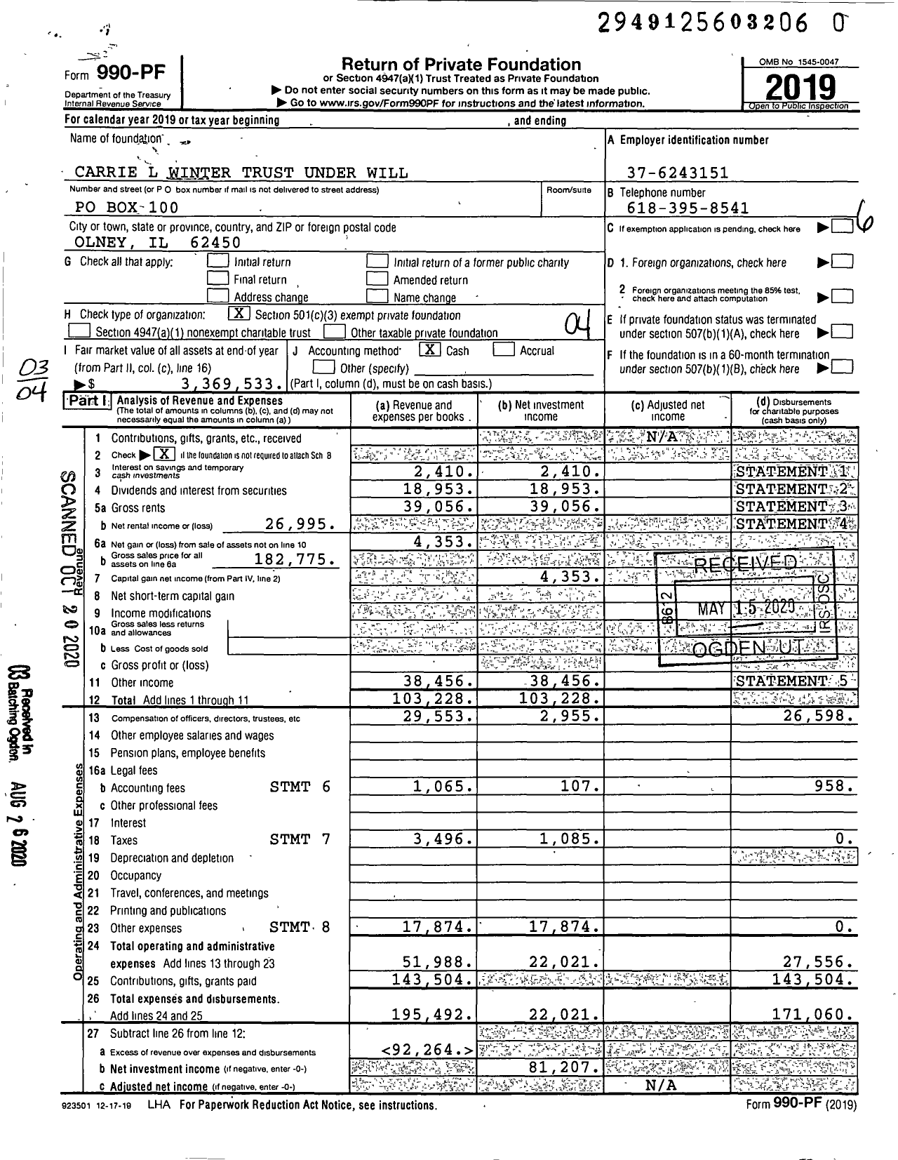 Image of first page of 2019 Form 990PR for Carrie L Winter Trust Under Will