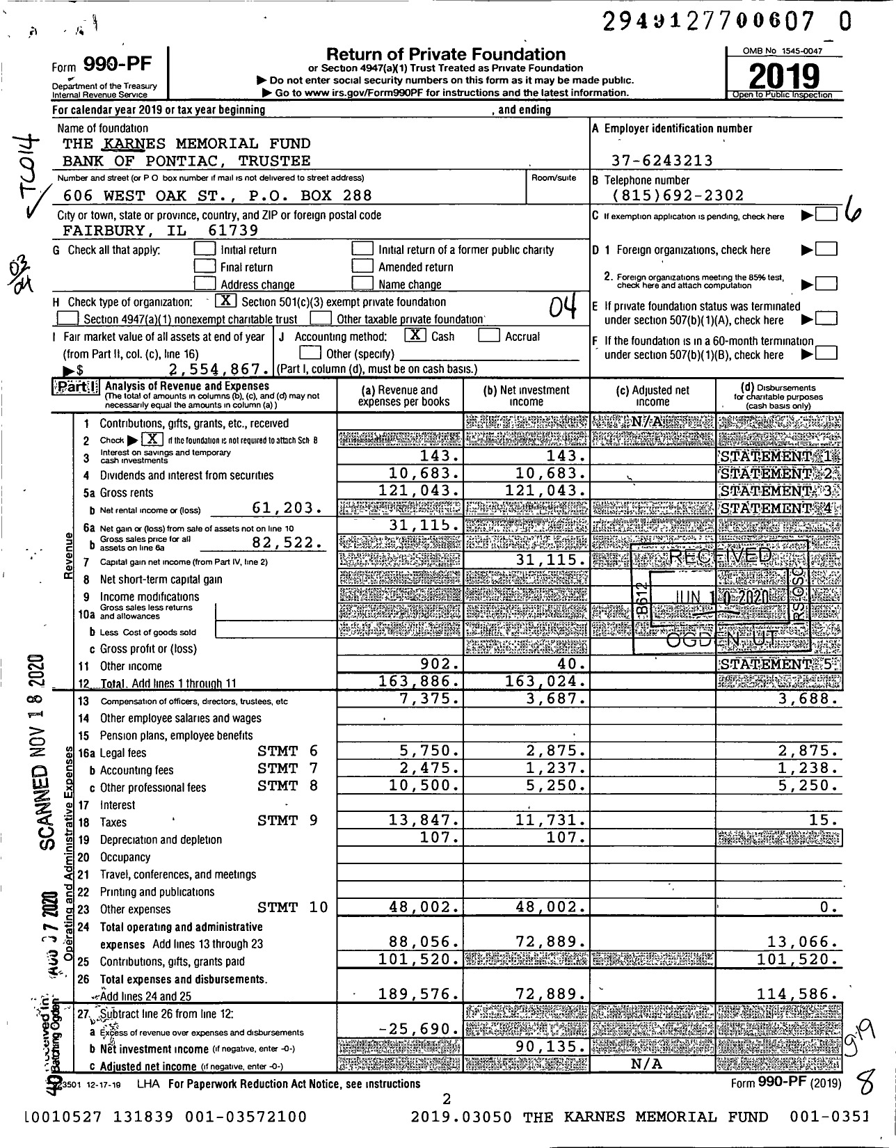 Image of first page of 2019 Form 990PF for The Karnes Memorial Fund Bank of Pontiac Trustee