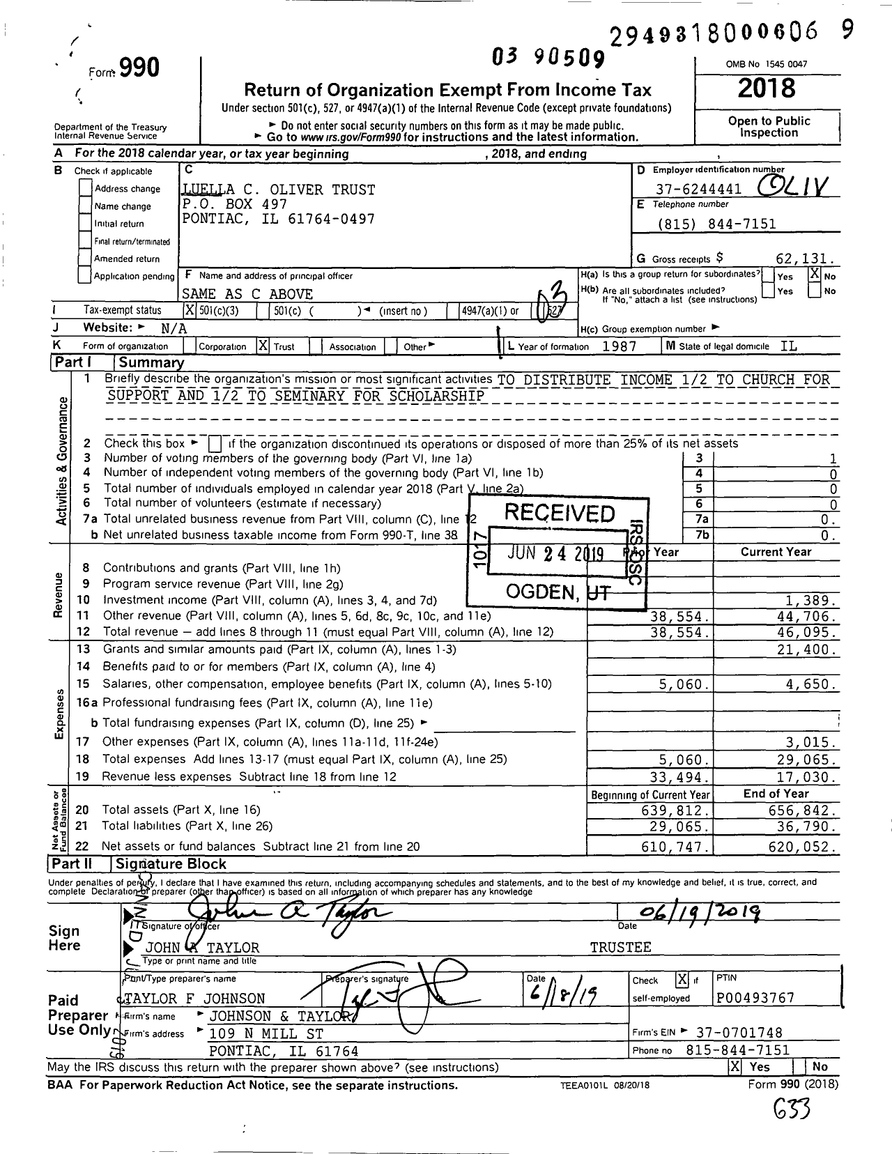 Image of first page of 2018 Form 990 for Luella C Oliver Trust Bank of Pontiac Trustee