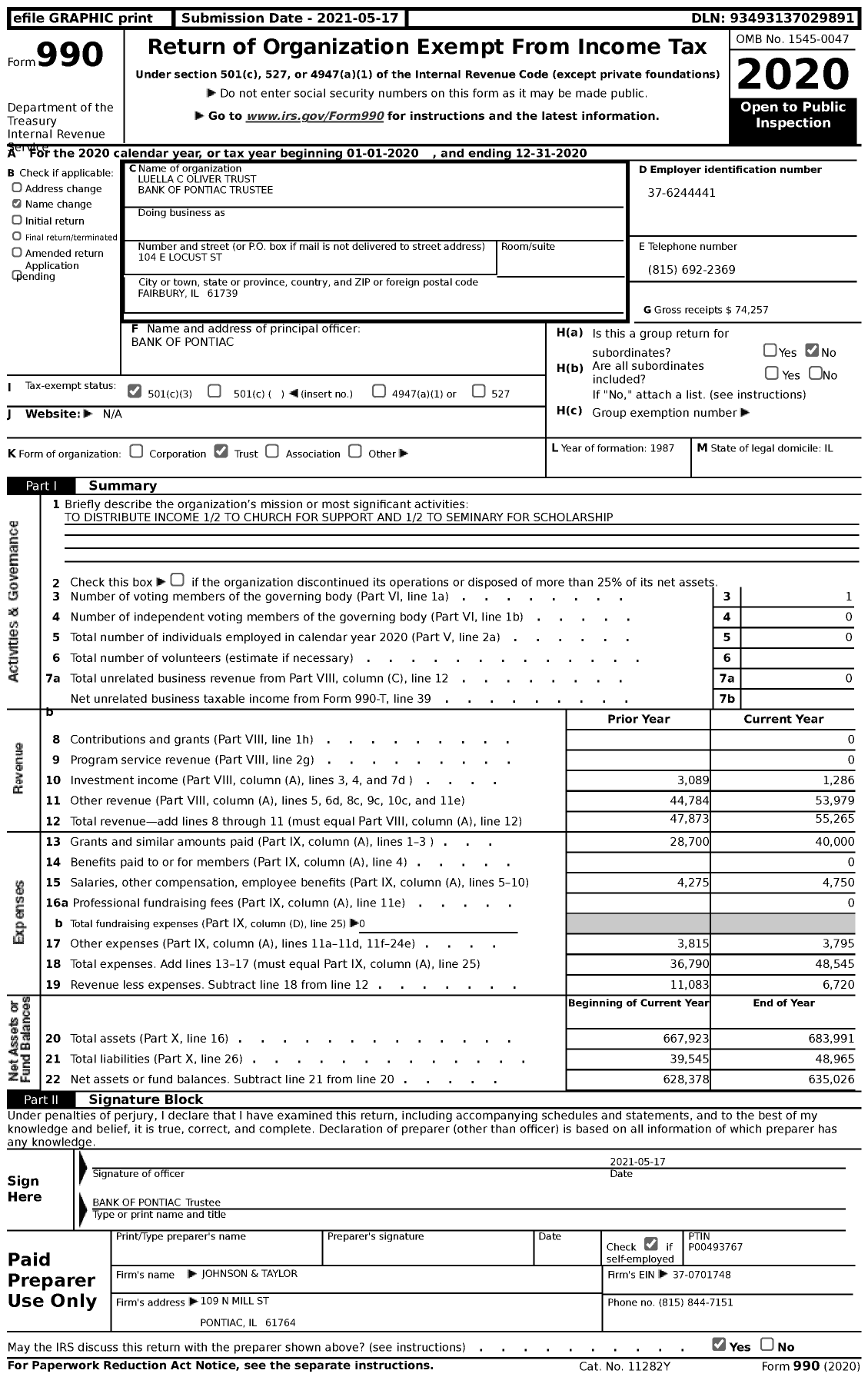 Image of first page of 2020 Form 990 for Luella C Oliver Trust Bank of Pontiac Trustee