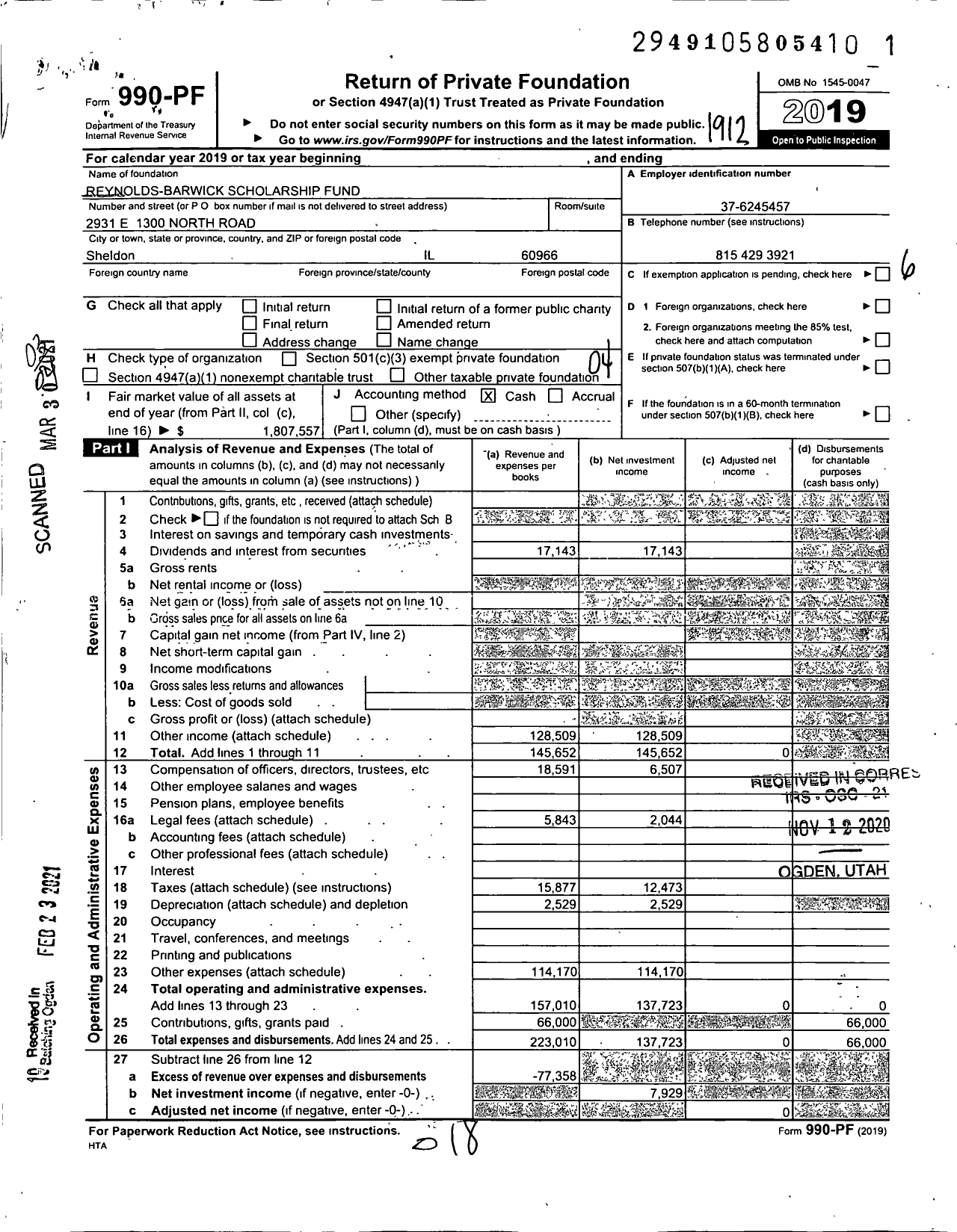 Image of first page of 2019 Form 990PF for Reynolds-Barwick Scholarship Fund