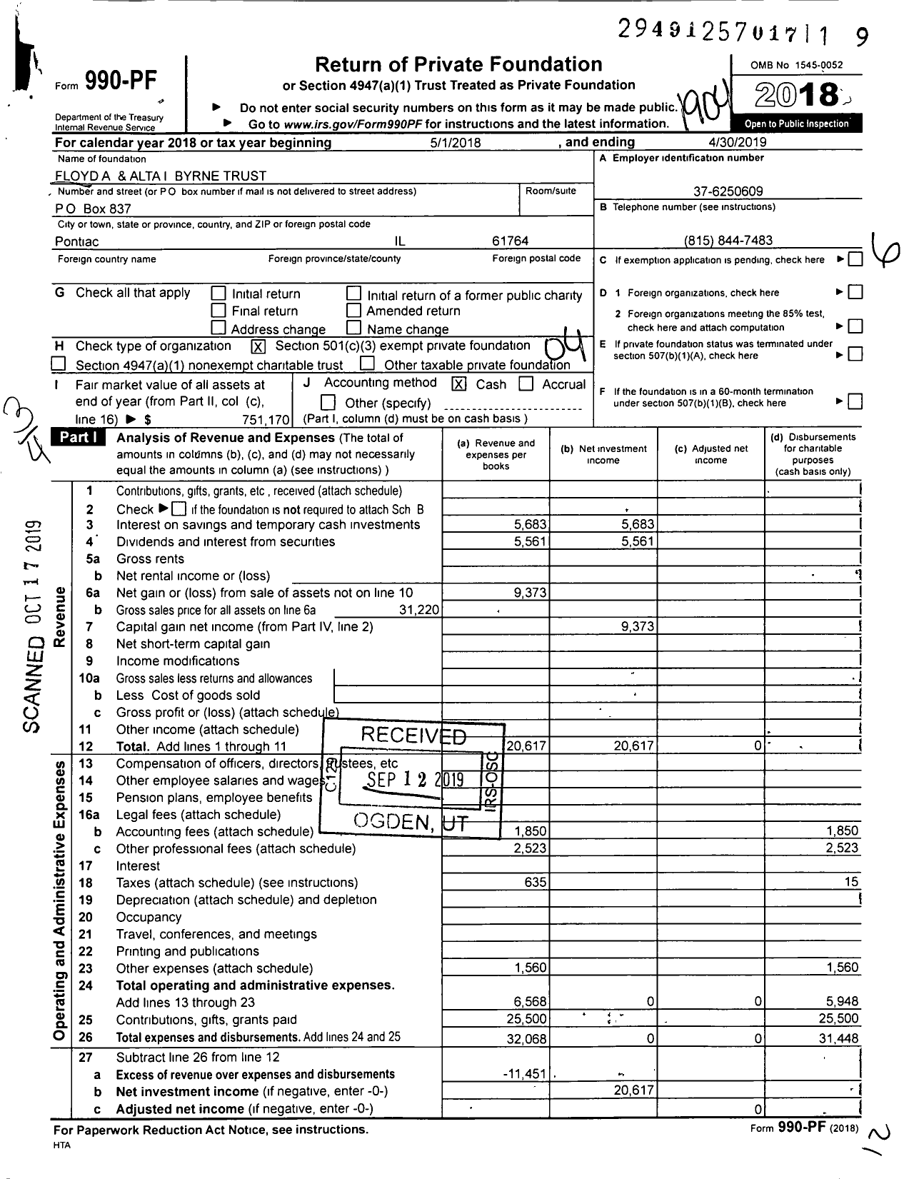 Image of first page of 2018 Form 990PF for Floyd A and Alta I Byrne Trust