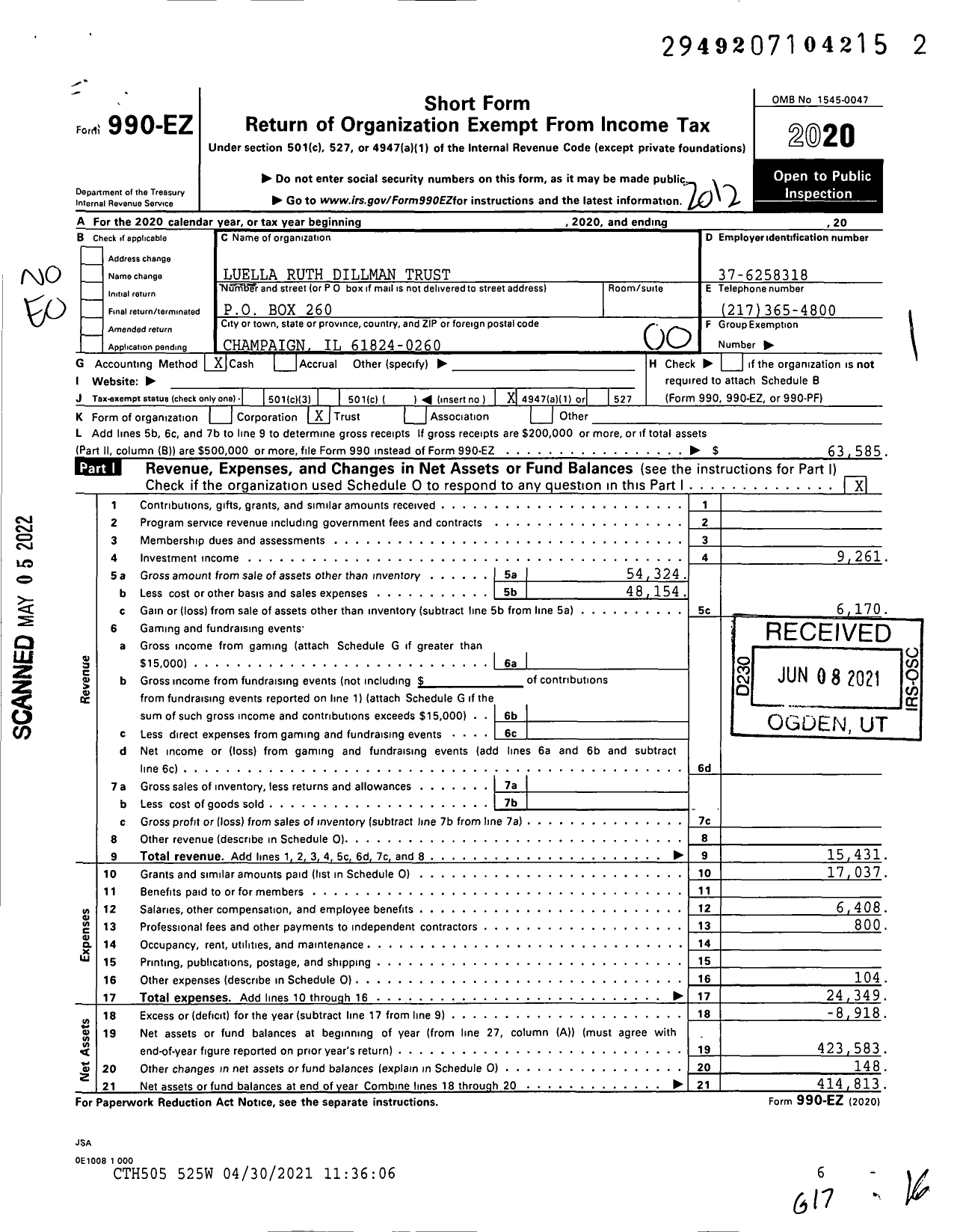 Image of first page of 2020 Form 990EO for Luella Ruth Dillman Trust