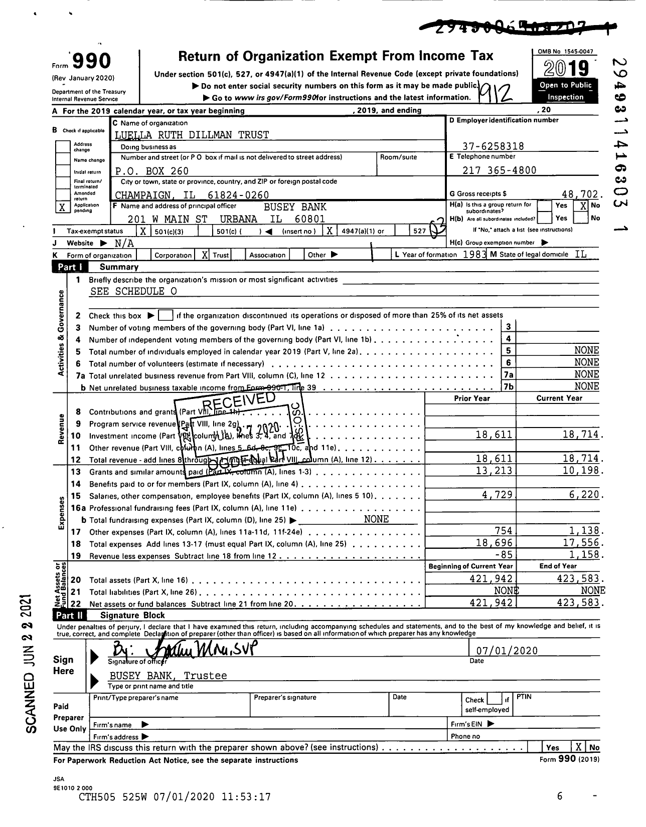 Image of first page of 2019 Form 990 for Luella Ruth Dillman Trust