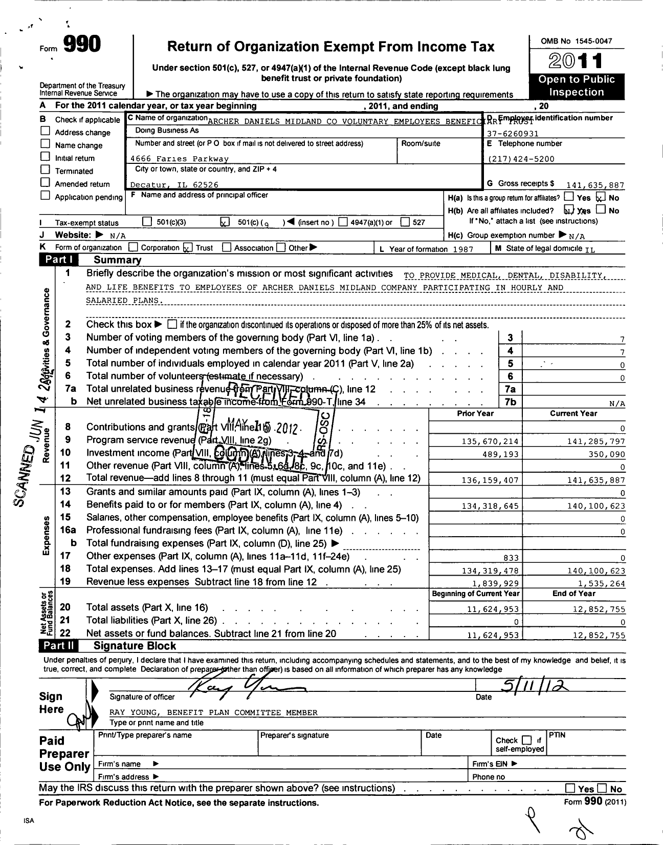 Image of first page of 2011 Form 990O for Archer Daniels Midland Voluntary Employees Beneficiary