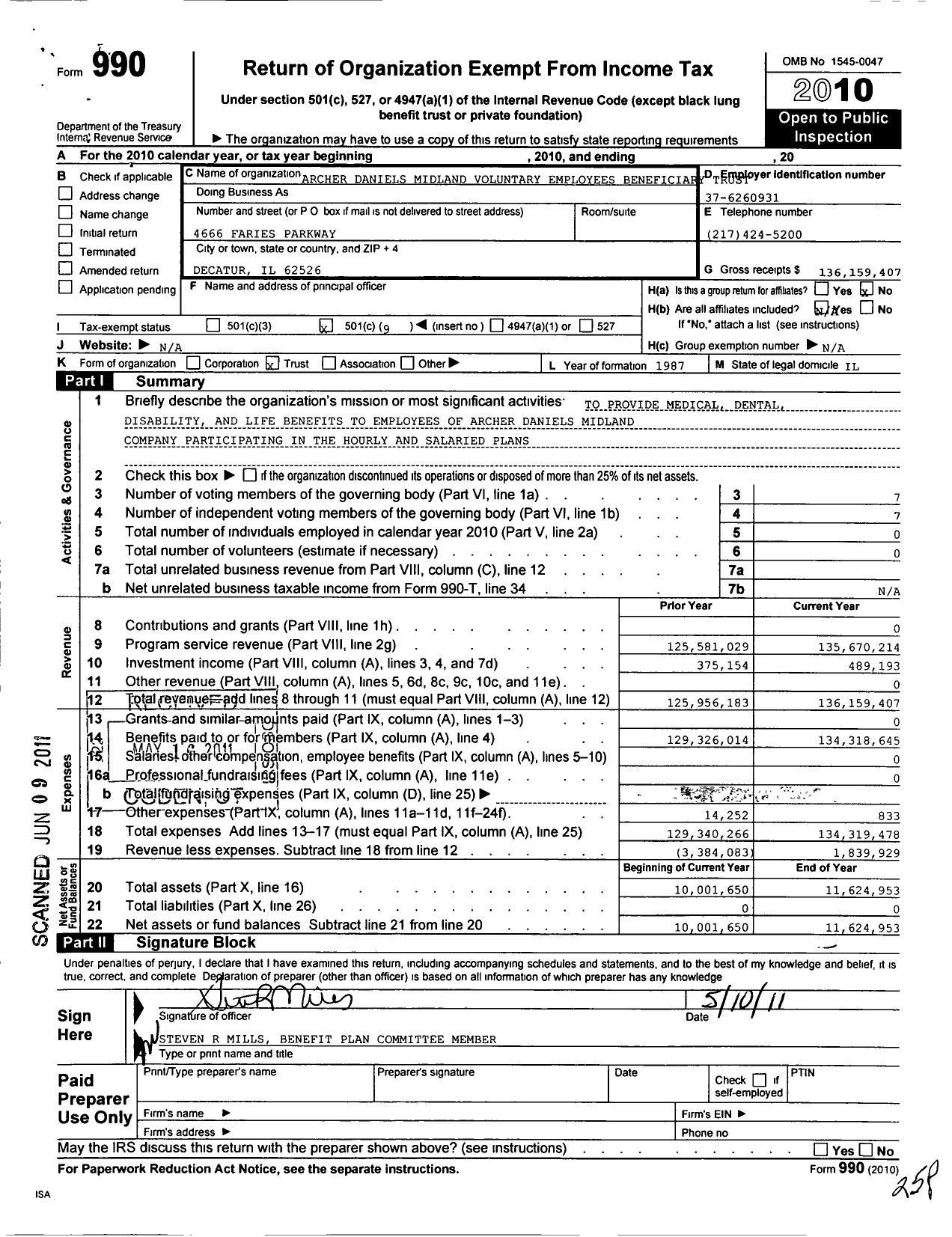 Image of first page of 2010 Form 990O for Archer Daniels Midland Voluntary Employees Beneficiary