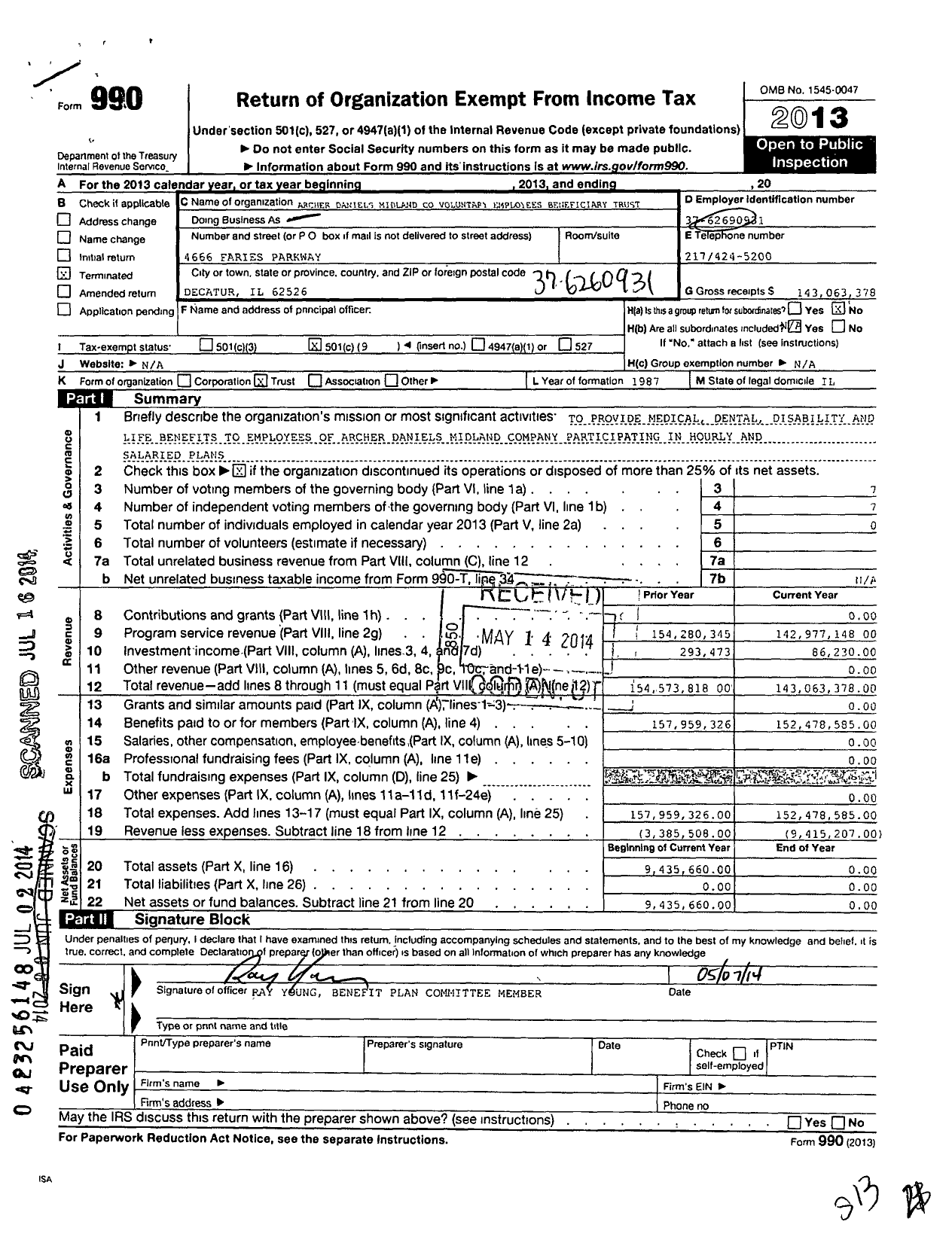 Image of first page of 2013 Form 990O for Archer Daniels Midland Voluntary Employees Beneficiary