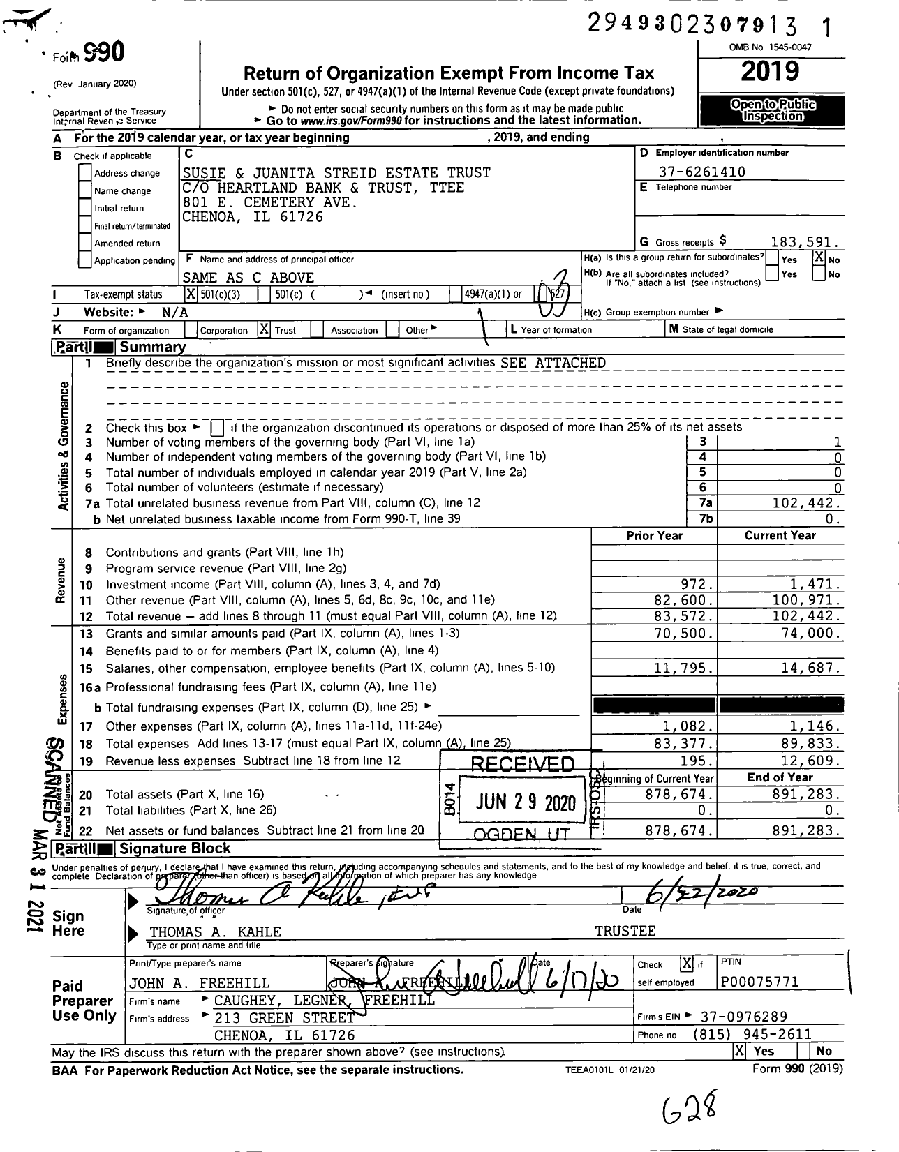 Image of first page of 2019 Form 990 for Susie and Juanita Streid Estate Trust