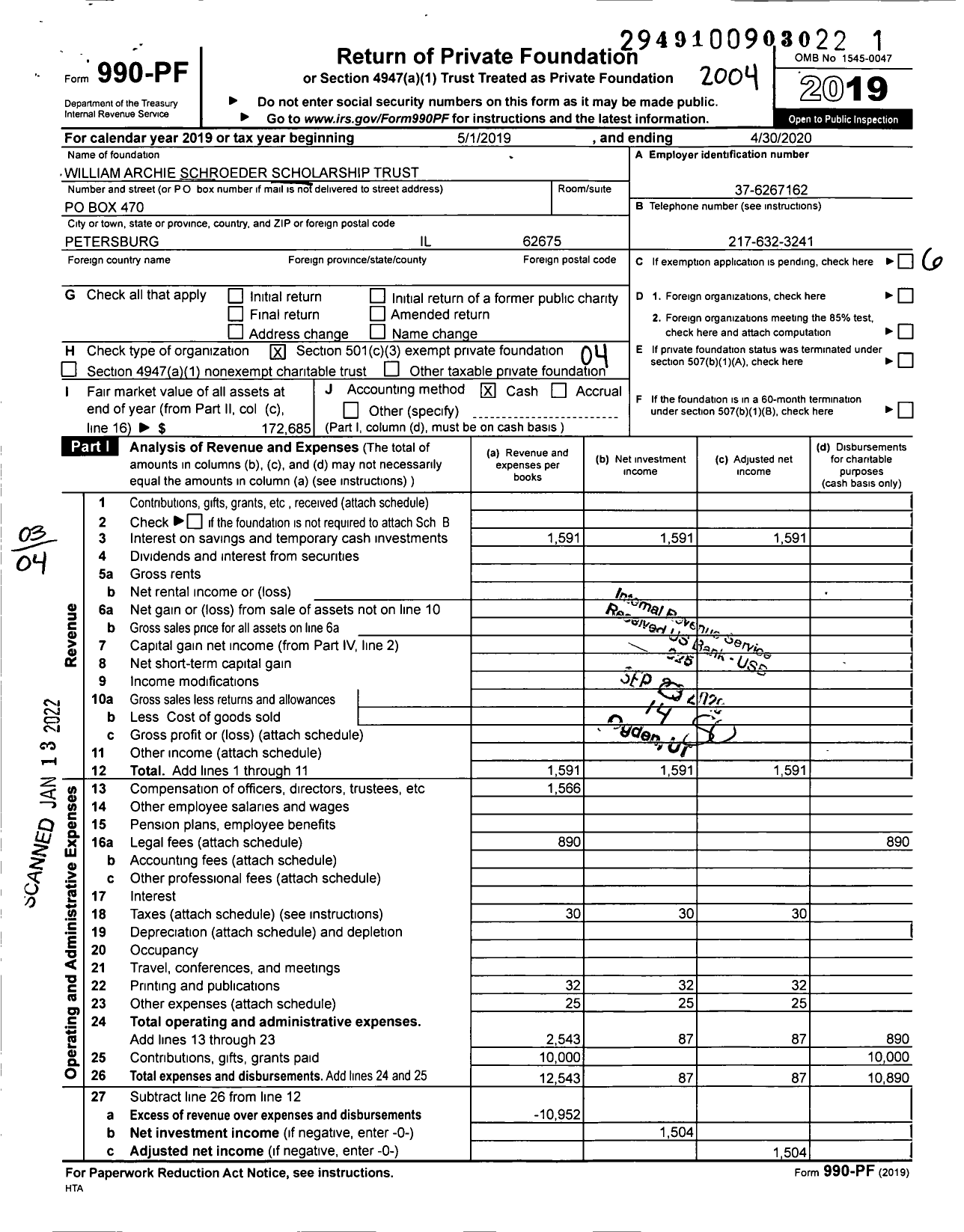 Image of first page of 2019 Form 990PF for William Archie Schroeder Scholarship Trust