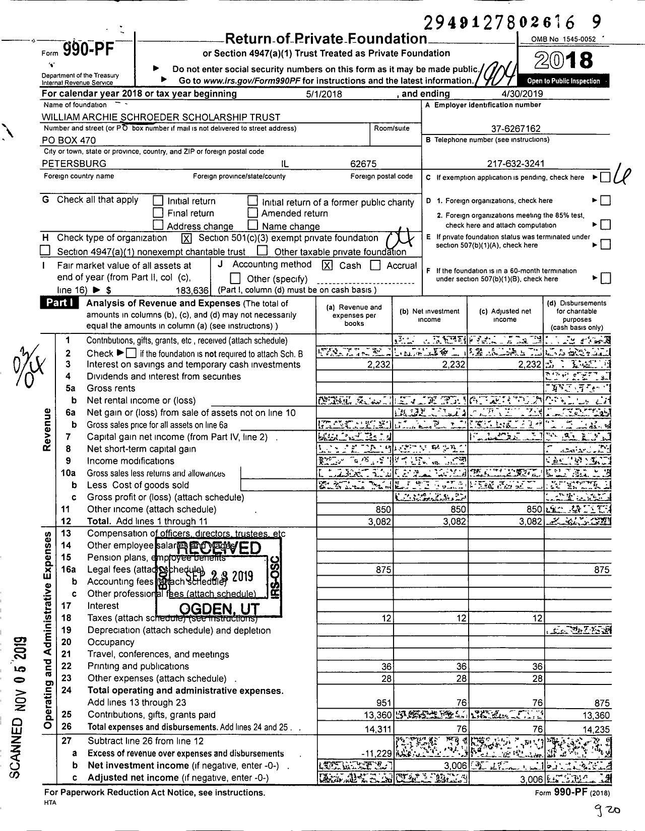 Image of first page of 2018 Form 990PF for William Archie Schroeder Scholarship Trust