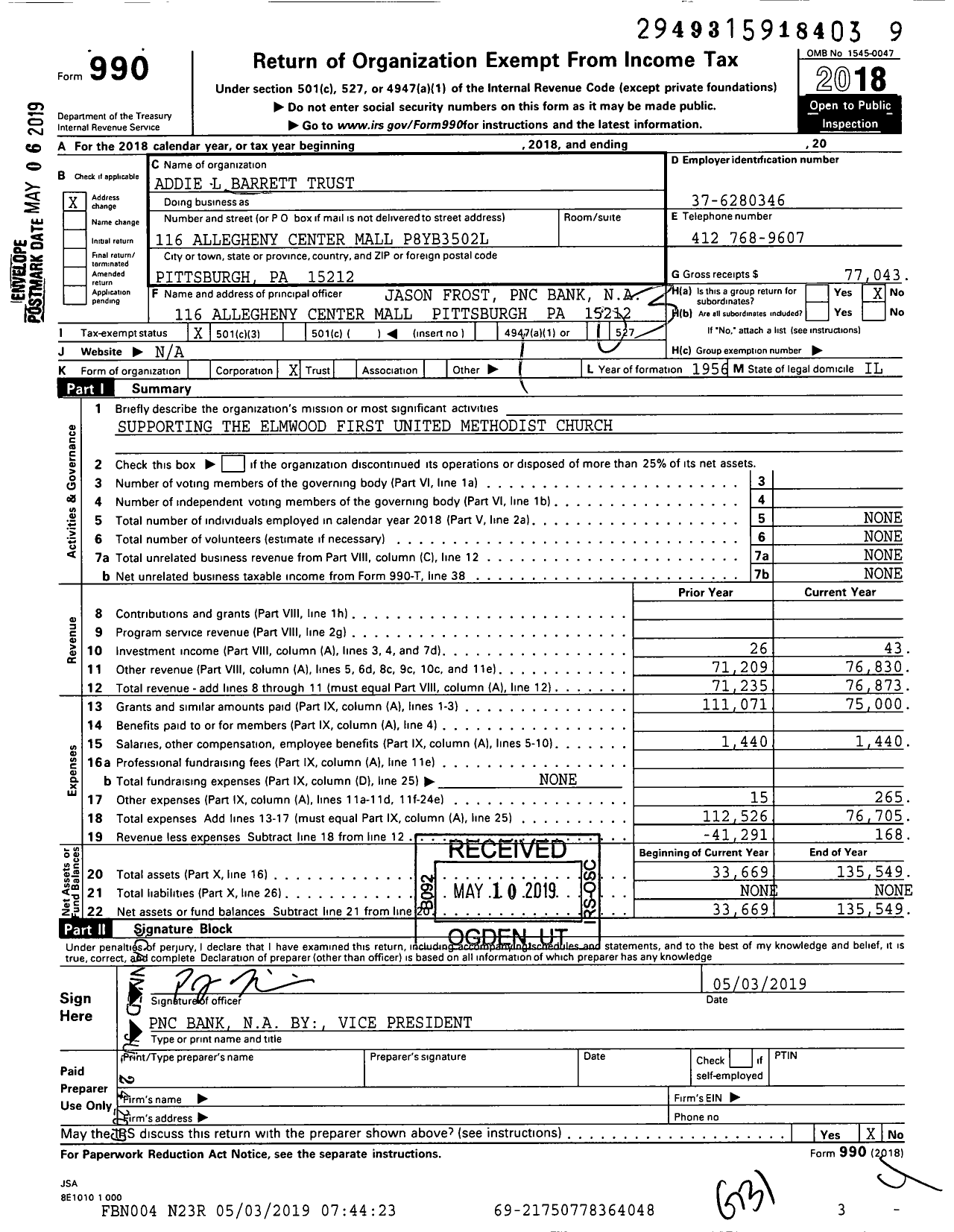 Image of first page of 2018 Form 990 for Addie L Barrett Trust