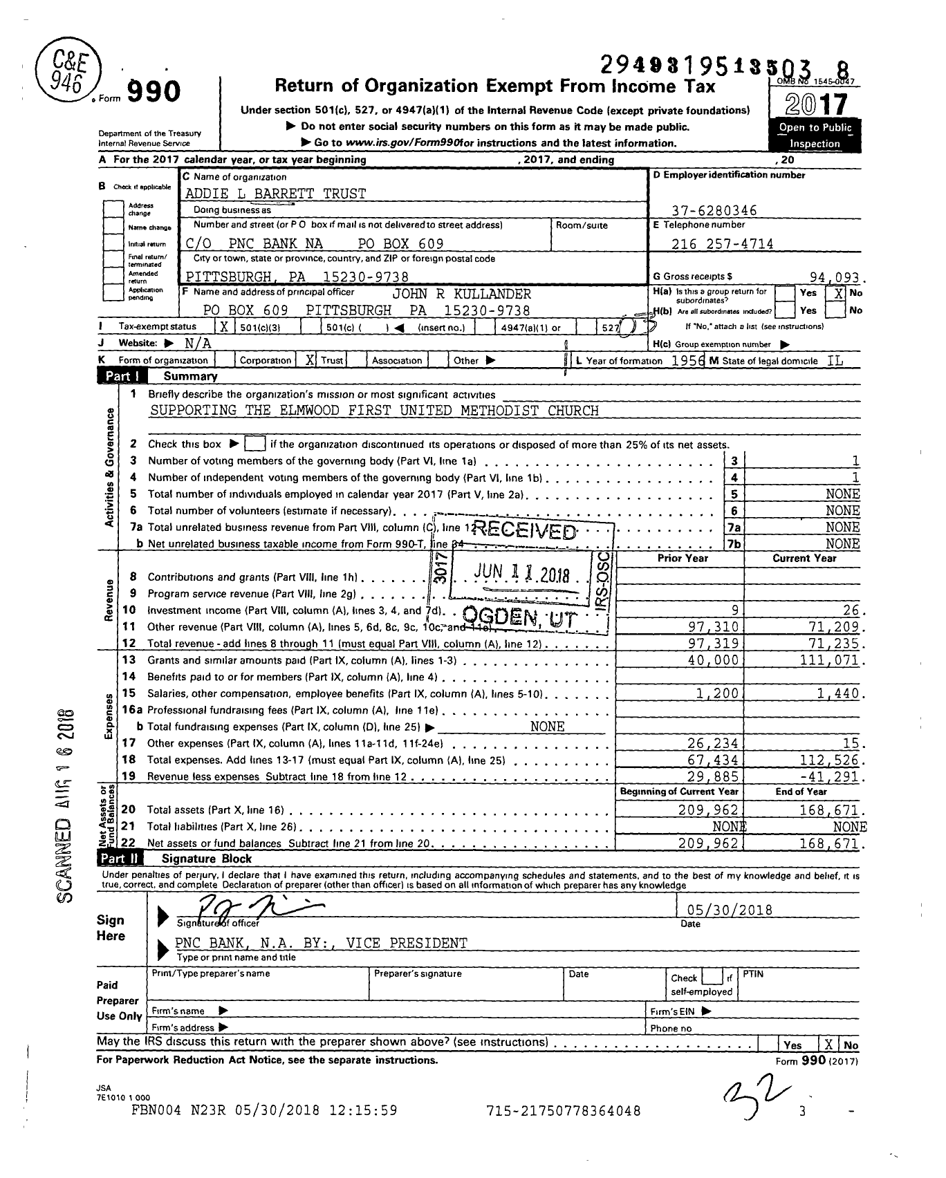 Image of first page of 2017 Form 990 for Addie L Barrett Trust