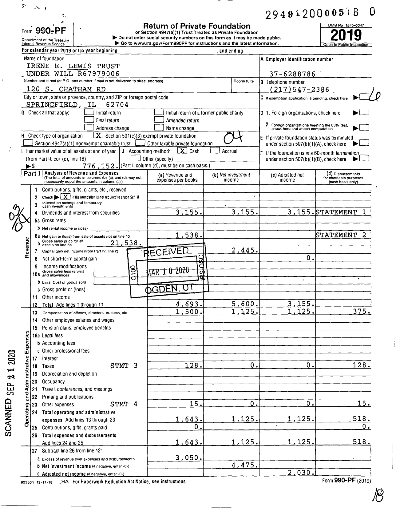 Image of first page of 2019 Form 990PR for Irene E Lewis Trust Under Will R67979006