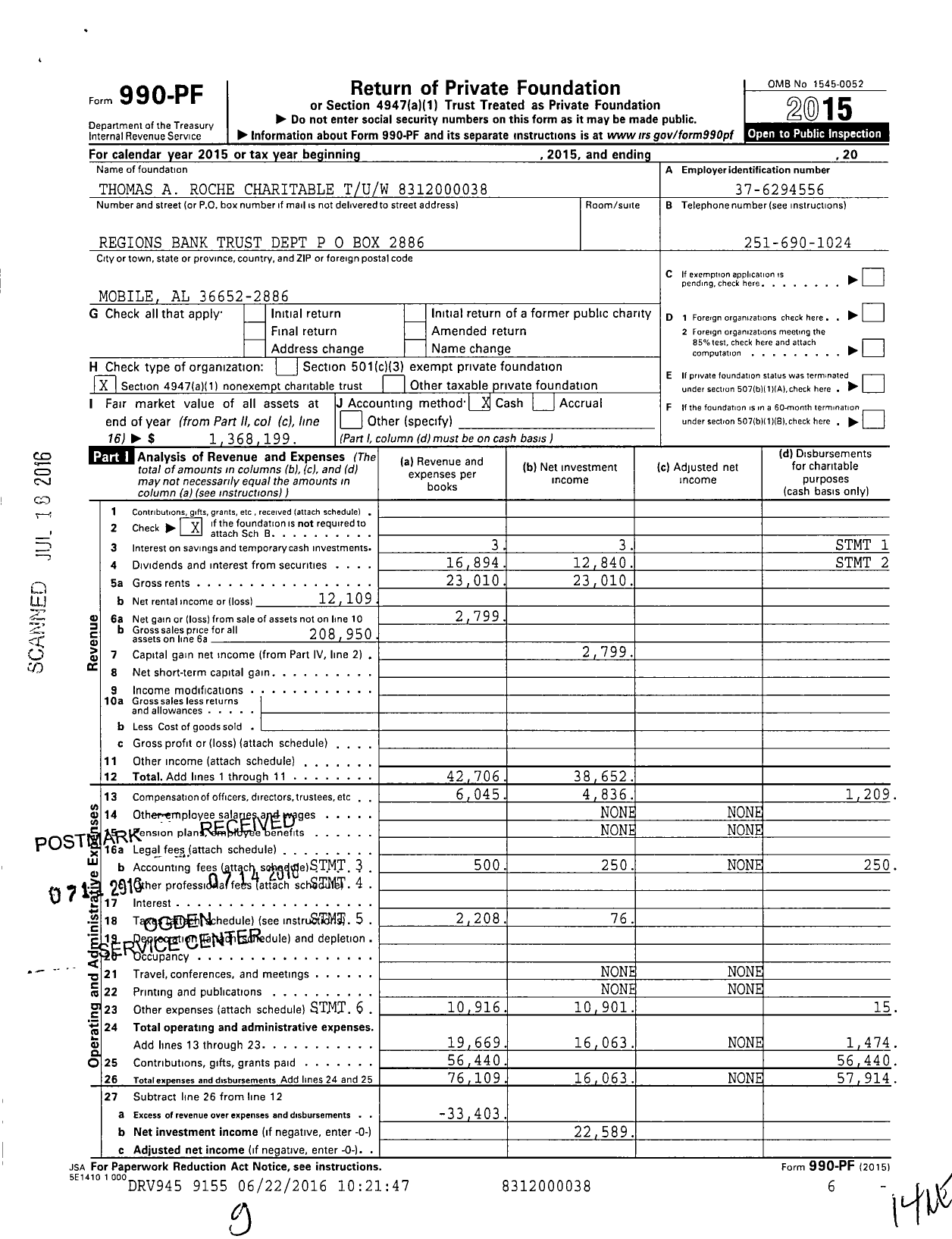 Image of first page of 2015 Form 990PF for Roche Thomas A Tuw