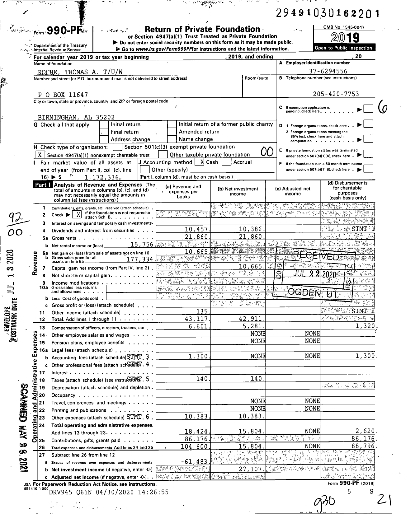 Image of first page of 2019 Form 990PF for Roche Thomas A Tuw