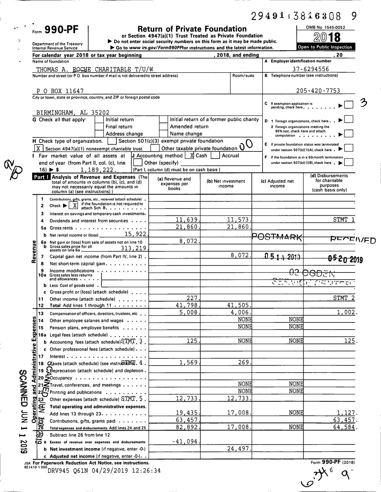 Image of first page of 2018 Form 990PF for Roche Thomas A Tuw