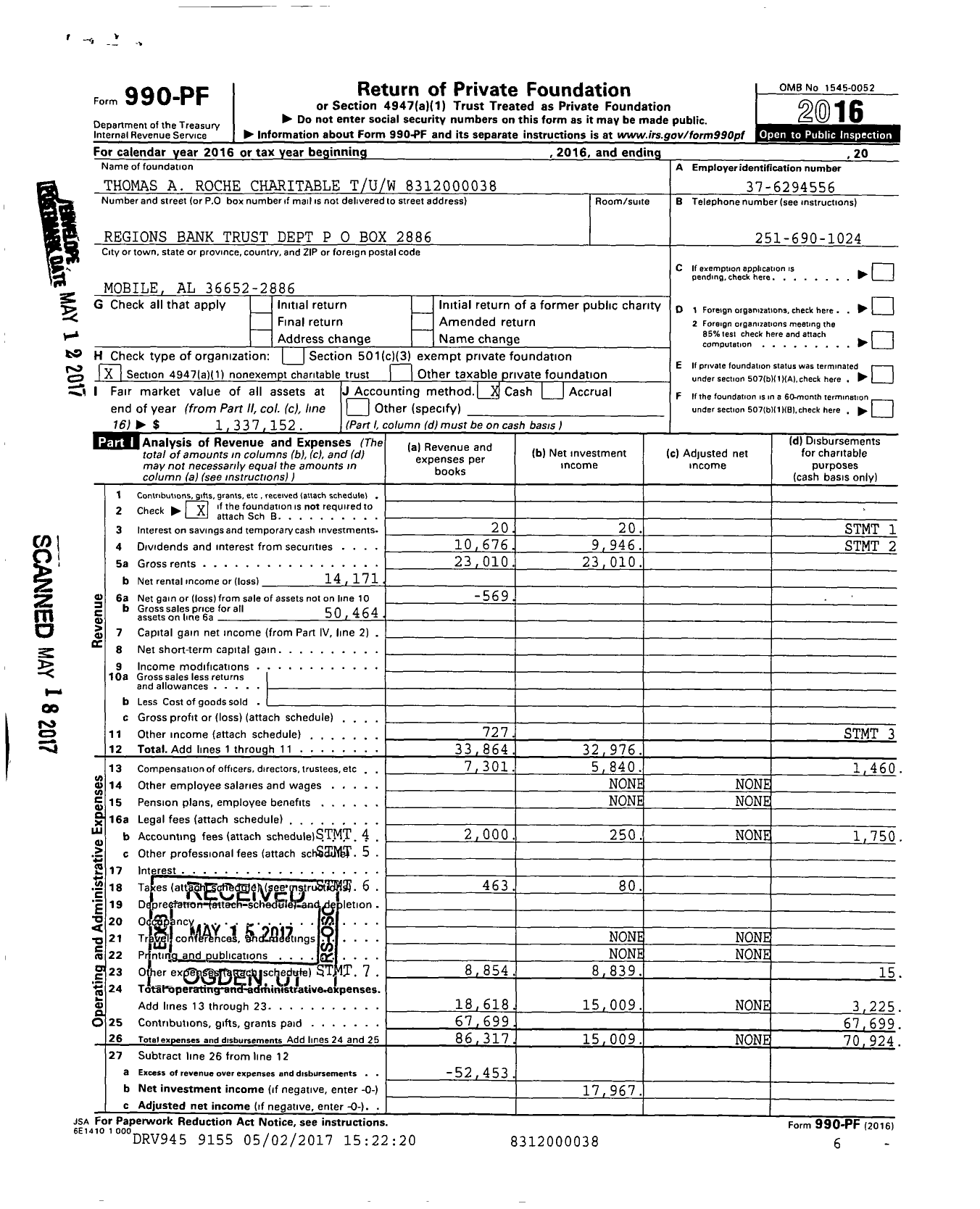 Image of first page of 2016 Form 990PF for Roche Thomas A Tuw