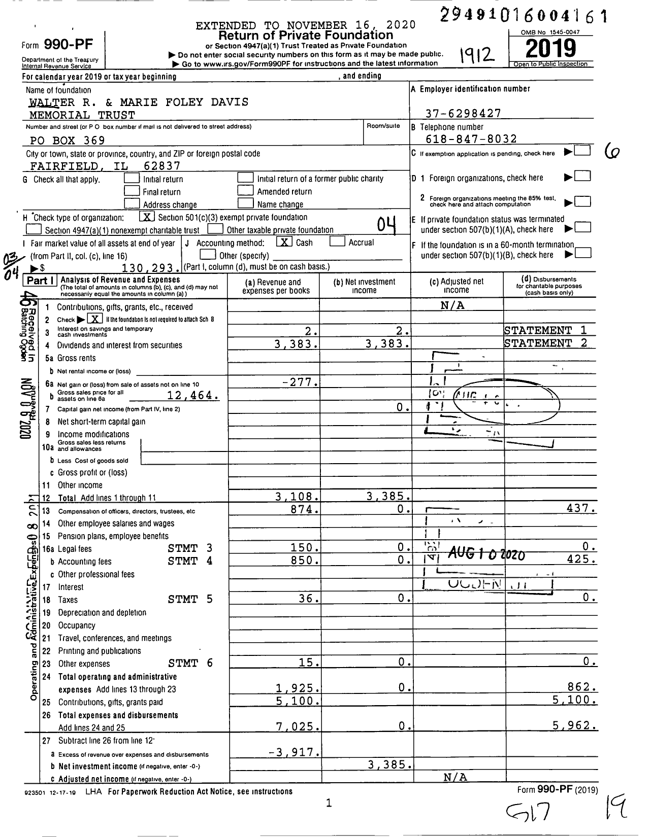 Image of first page of 2019 Form 990PF for Walter R and Marie Davis Memorial