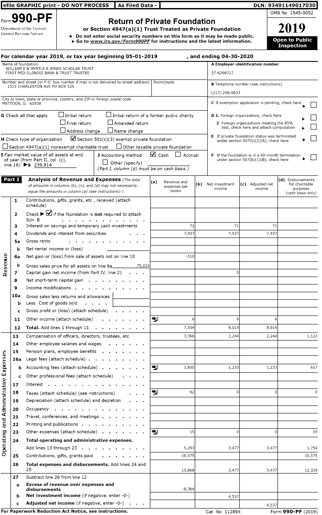 Image of first page of 2019 Form 990PR for William E and Myrtle A Jones Scholar Trust First Mid Wealth Management Trustee