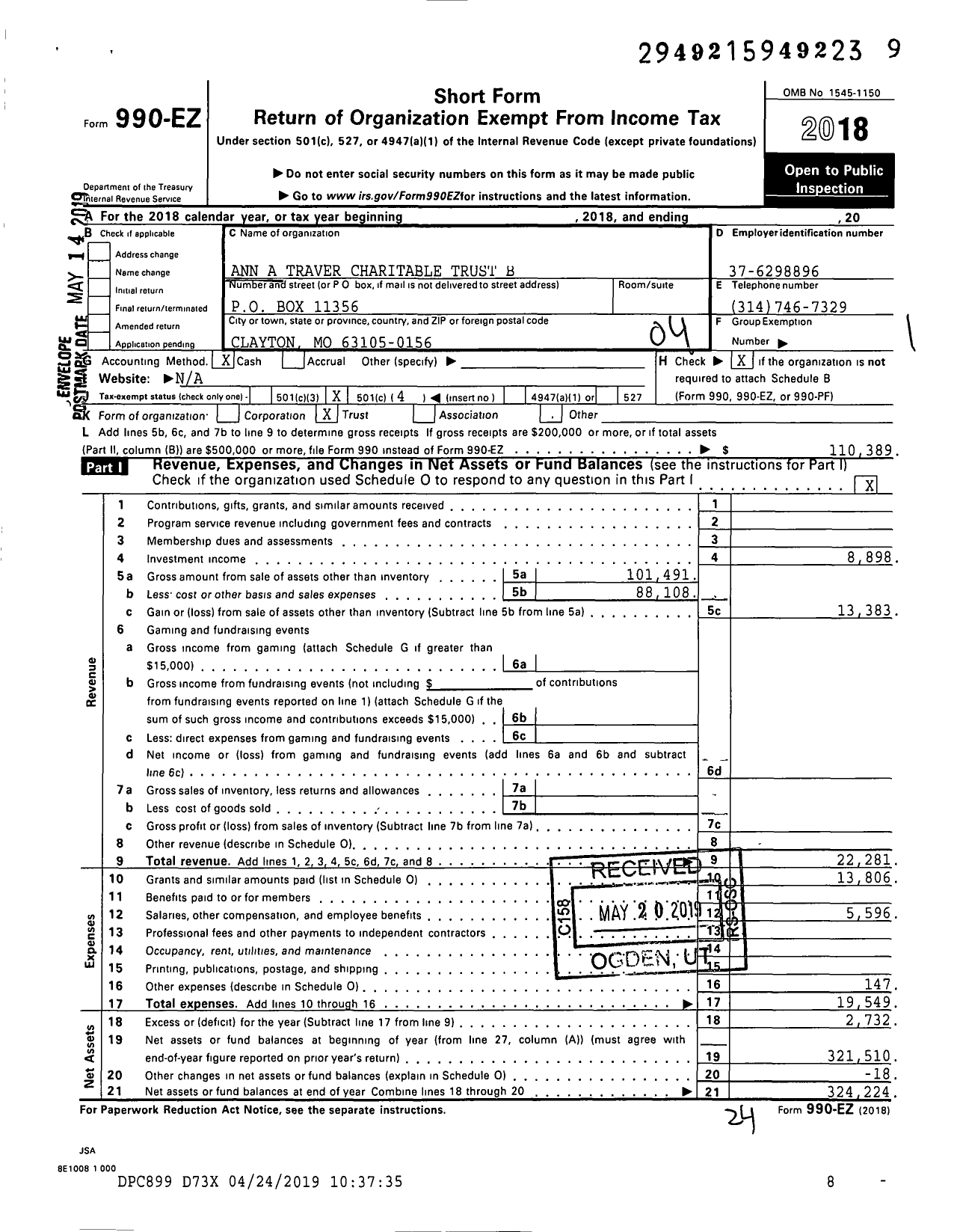 Image of first page of 2018 Form 990EO for Ann A Traver Charitable Trust B