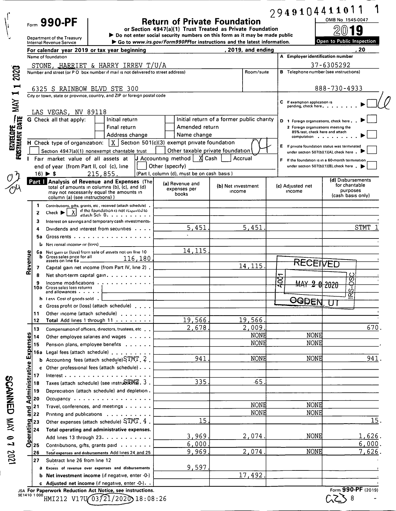 Image of first page of 2019 Form 990PF for Stone Harriet and Harry Irrev Tua