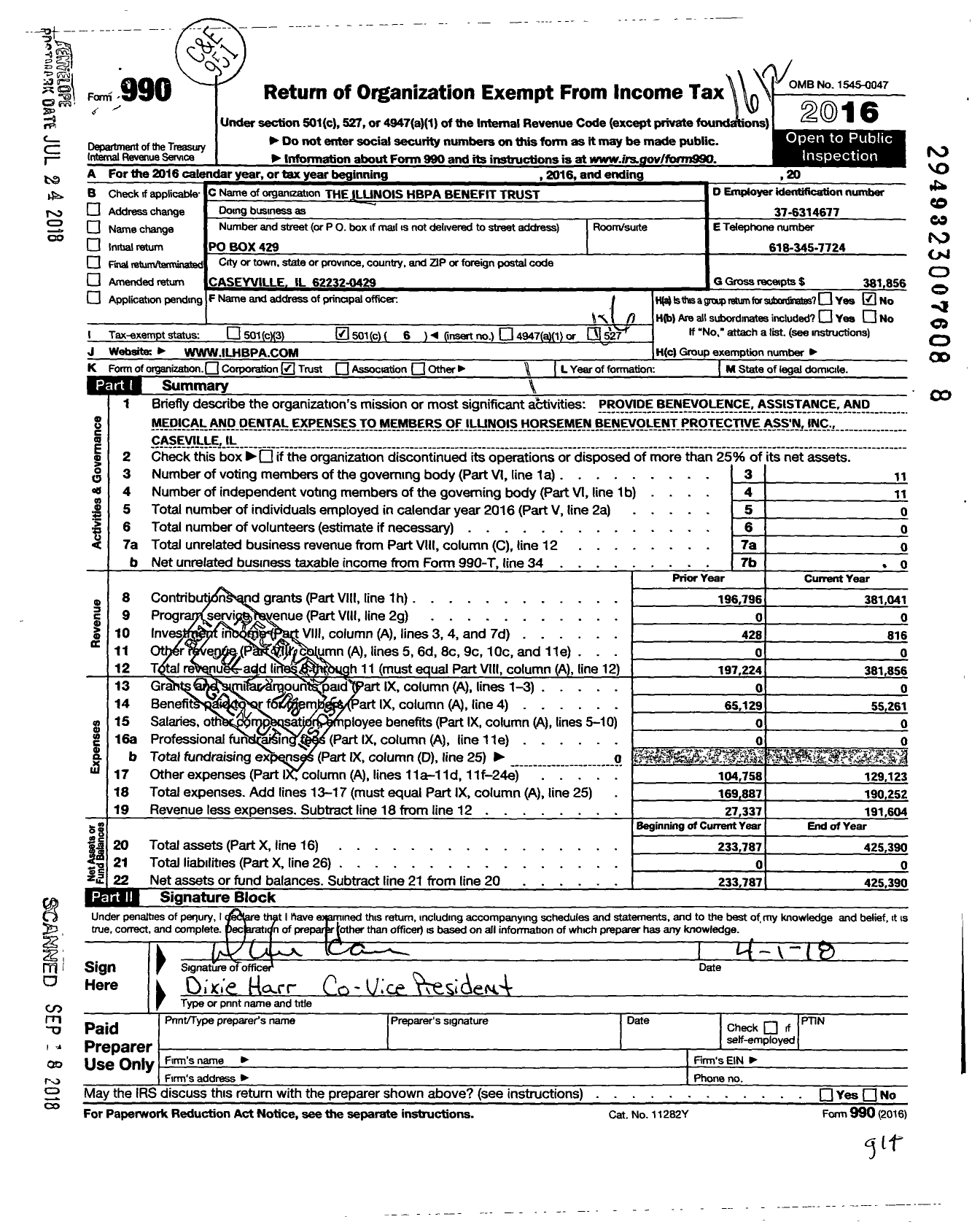 Image of first page of 2016 Form 990O for The Illinois Hbpa Benefit Trust