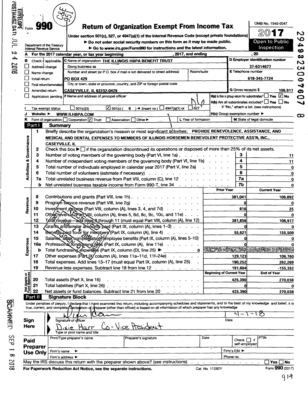 Image of first page of 2017 Form 990O for The Illinois Hbpa Benefit Trust
