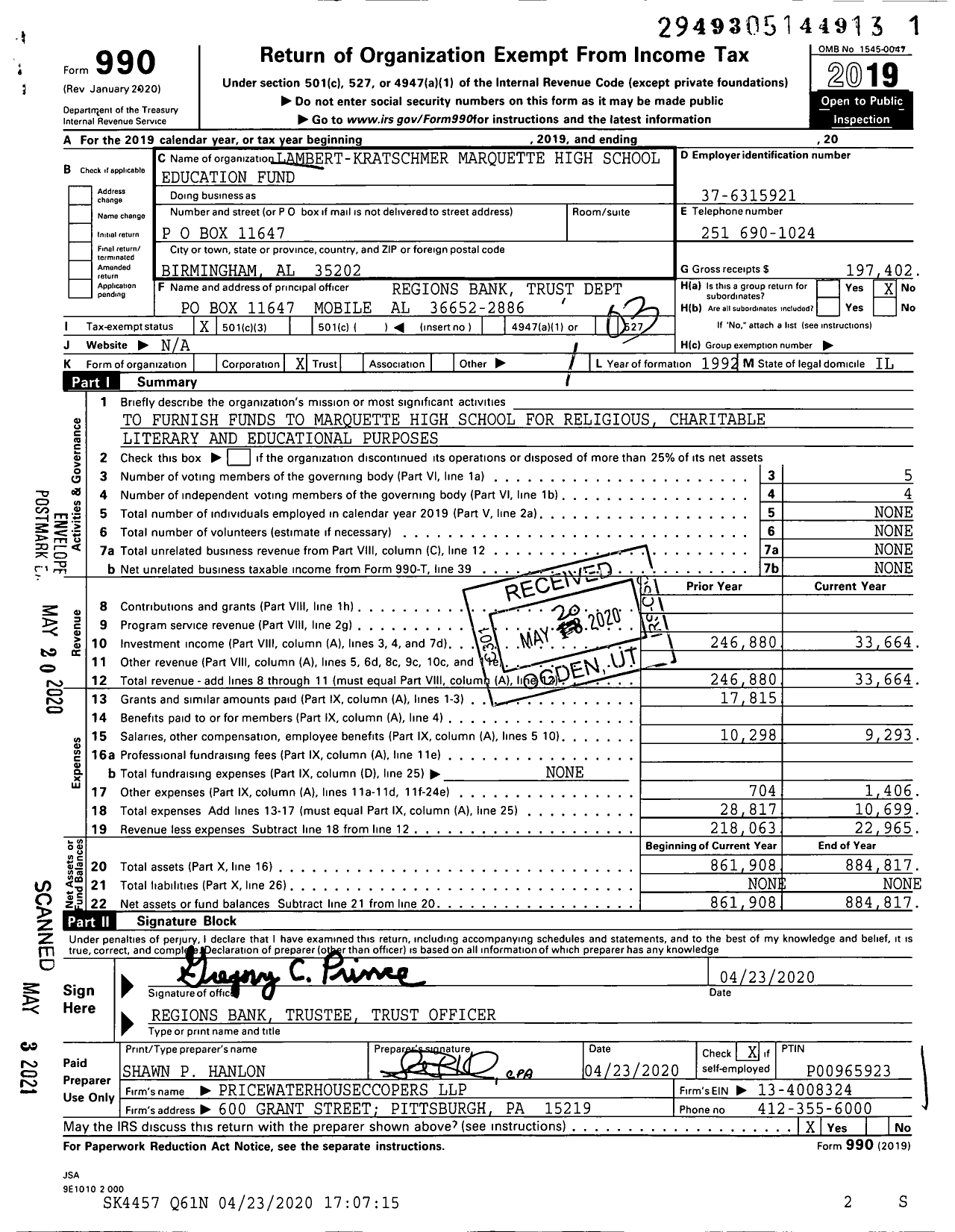 Image of first page of 2019 Form 990 for Lambert-Kratschmer Marquette High School