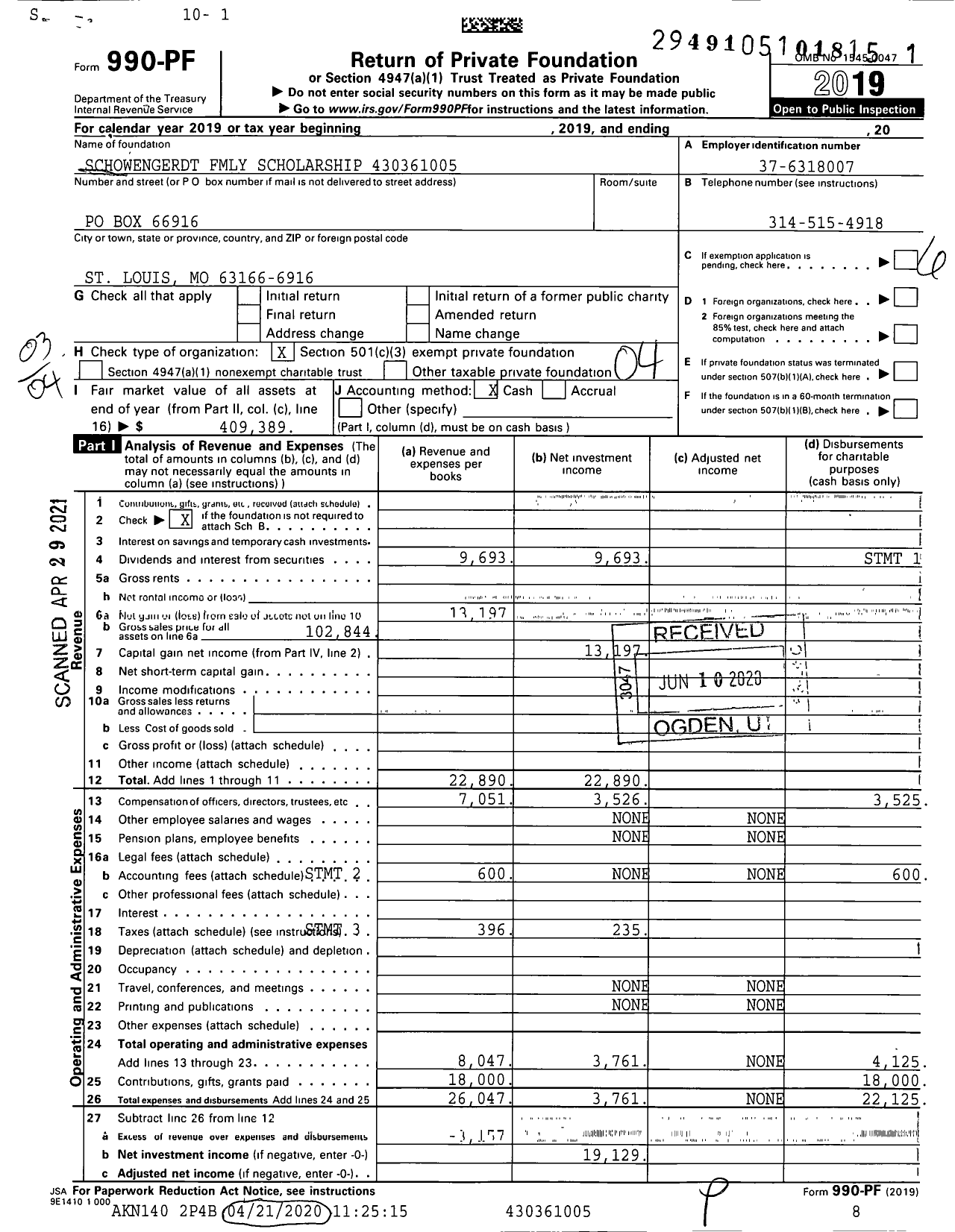 Image of first page of 2019 Form 990PF for Schowengerdt Fmly Scholarship XXX-XX-XXXX