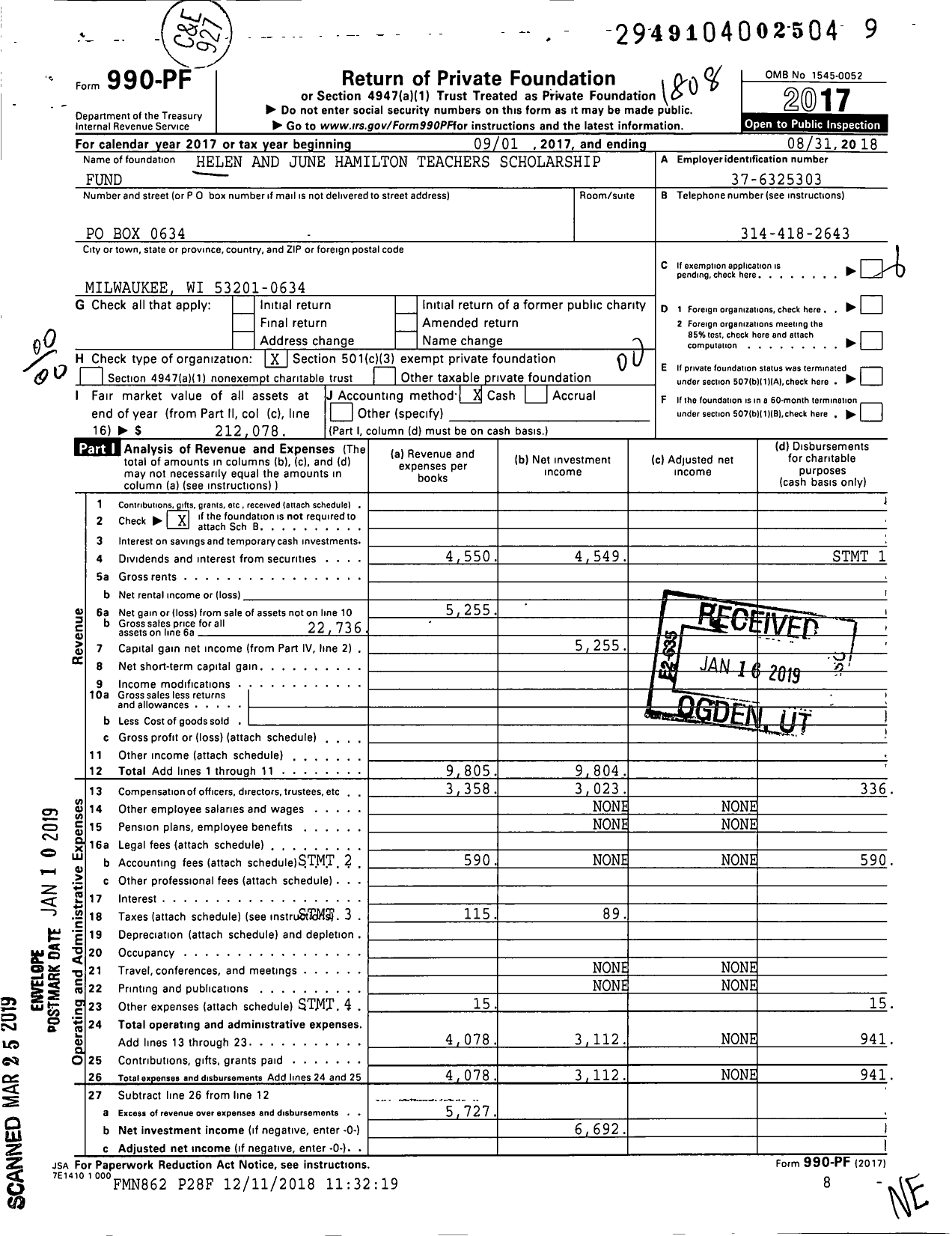 Image of first page of 2017 Form 990PF for Helen and June Hamilton Teachers Scholarship