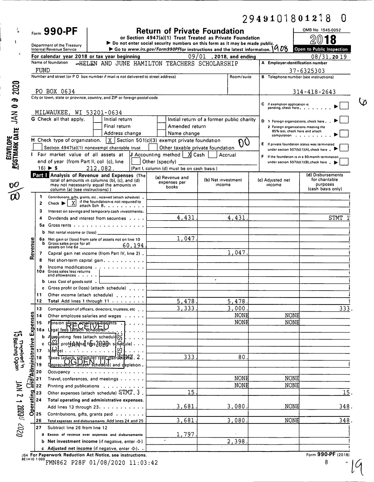 Image of first page of 2018 Form 990PR for Helen and June Hamilton Teachers Scholarship