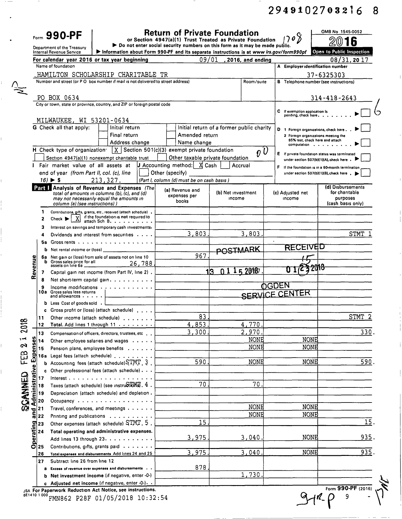 Image of first page of 2016 Form 990PF for Helen and June Hamilton Teachers Scholarship