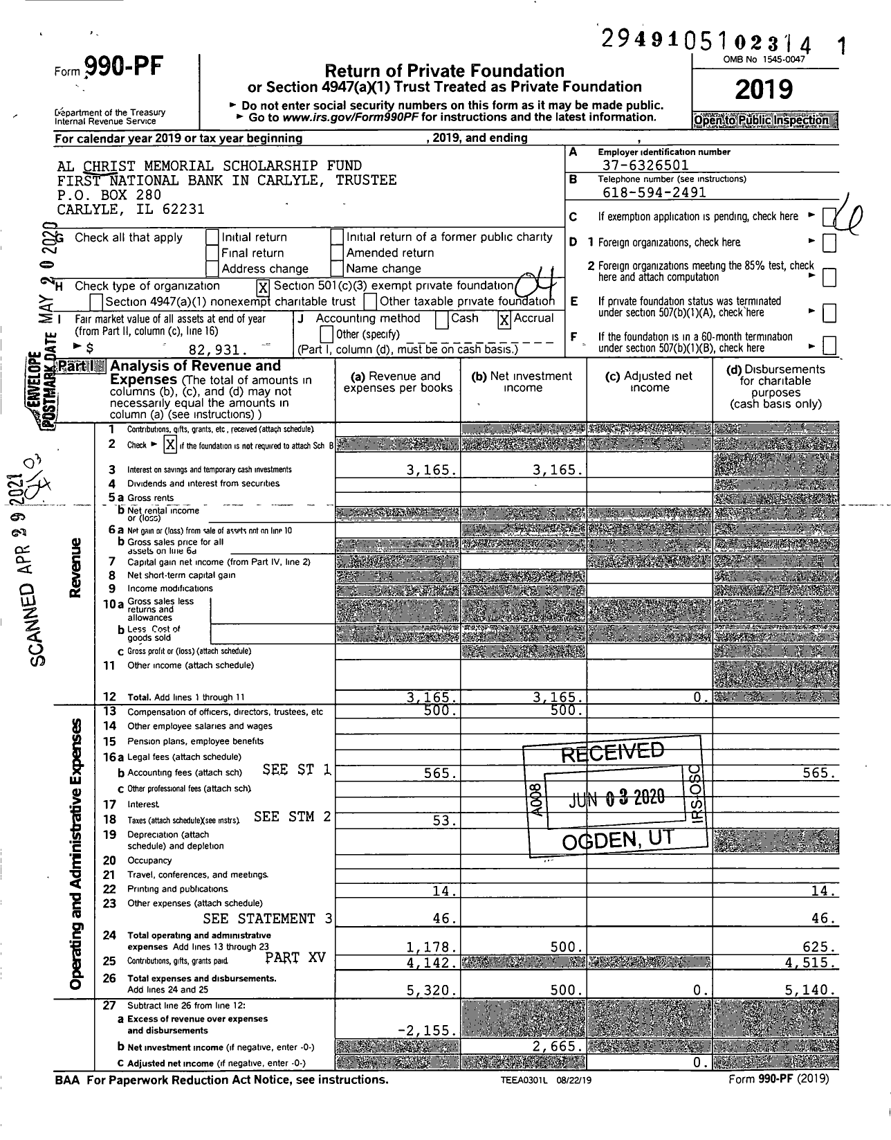 Image of first page of 2019 Form 990PF for Al Christ Memorial Scholarship Fund 1NB BANK TRUSTEE