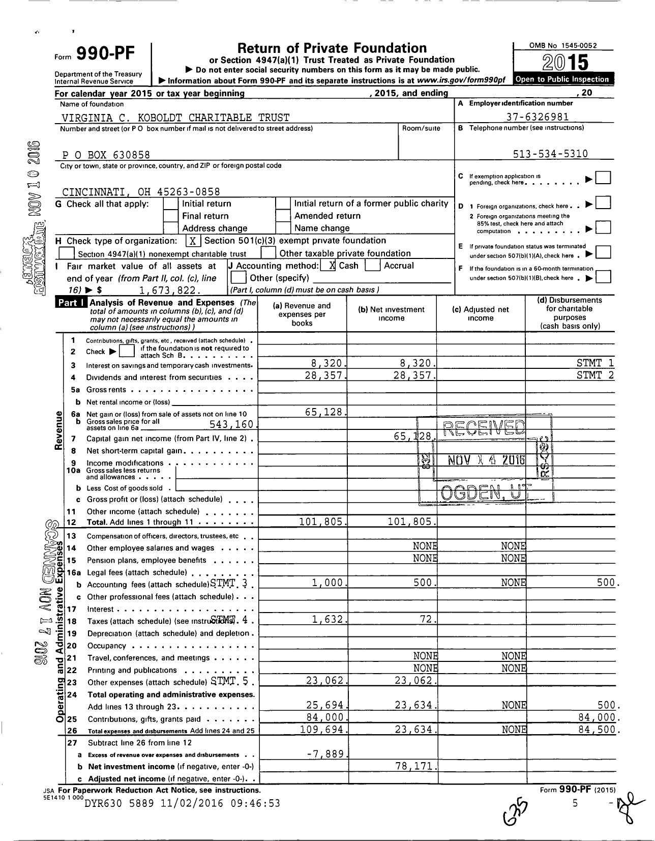 Image of first page of 2015 Form 990PF for Virginia C Koboldt Charitable Trust