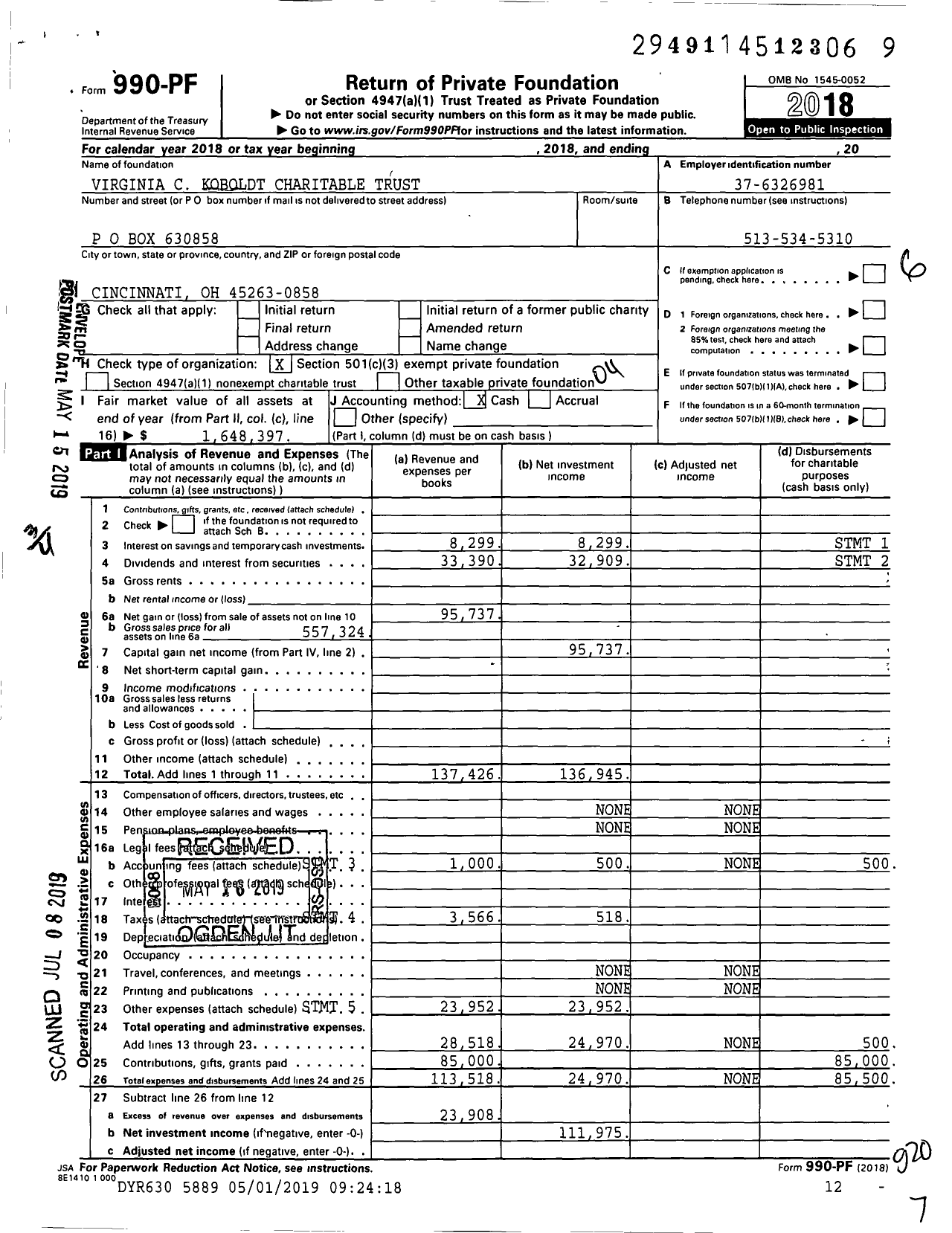 Image of first page of 2018 Form 990PF for Virginia C Koboldt Charitable Trust
