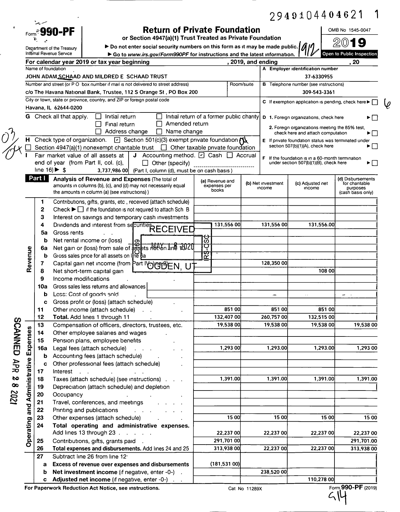 Image of first page of 2019 Form 990PF for John Adam Schaad and Mildred E Schaad Trust